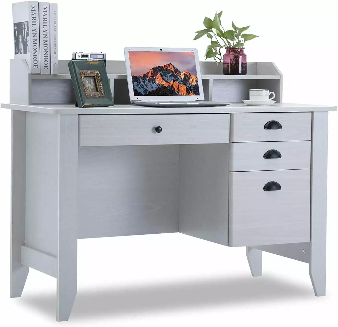 Catrimown 47.5 Inch White Computer Desk 4 Drawers and Monitor Stand