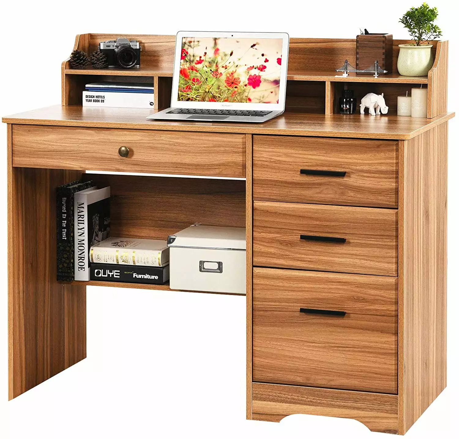 Catrimown Computer Desk Drawers Wood Home Office Desk Storage Shelves PC Desk Monitor Stand Rustic Brown