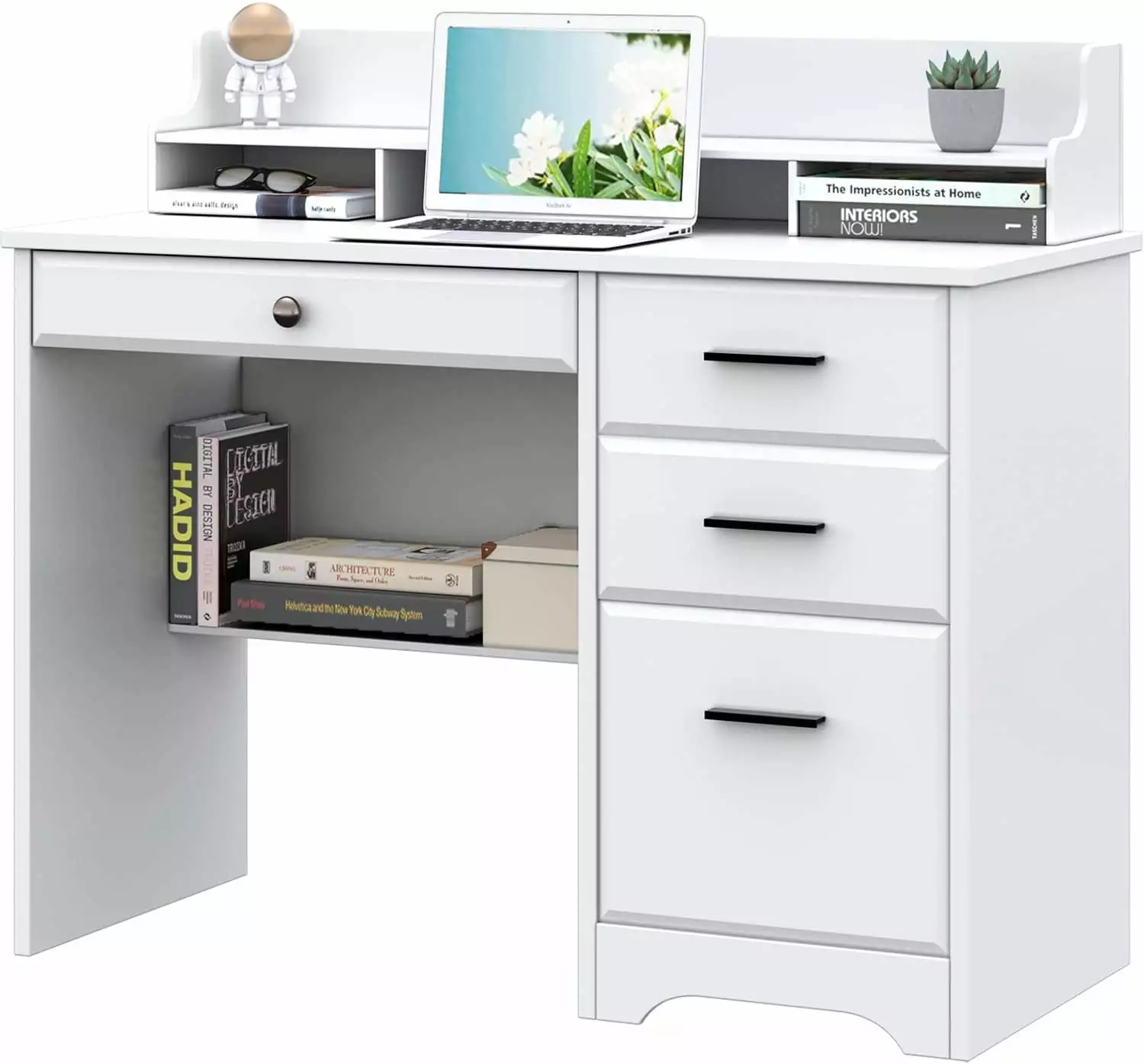 Catrimown White Computer Desk Drawers and Monitor Stand Home Office and Student Writing