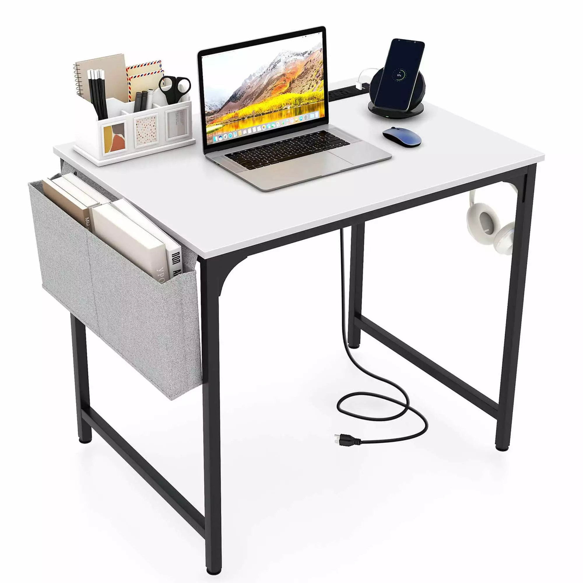 Costway 32 Inch Computer Desk Small Charging Station Storage Bag and Headphone Hook