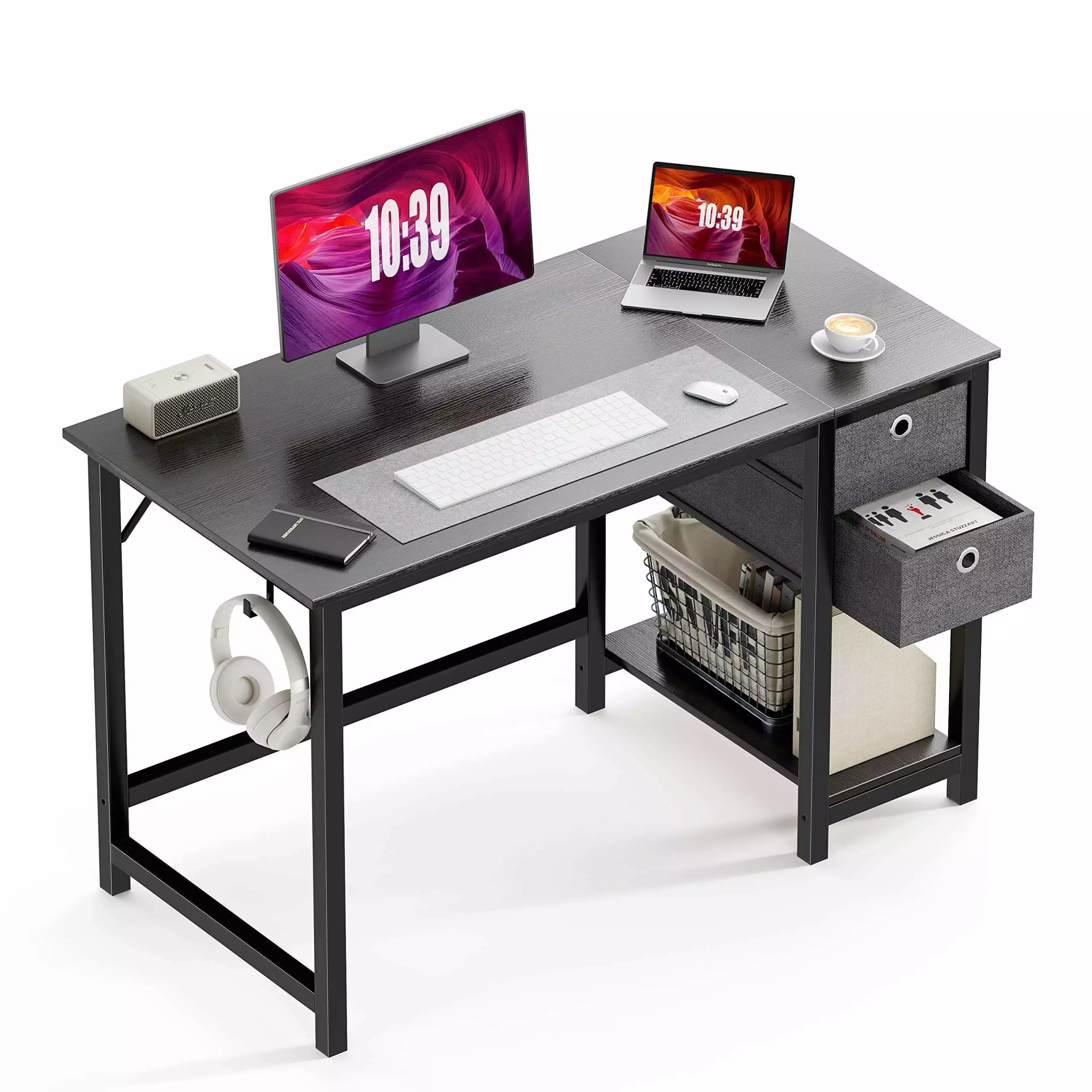 CToN Modern Simple Style Home Office Desk 2-Tier Drawers and Storage Shelves Black