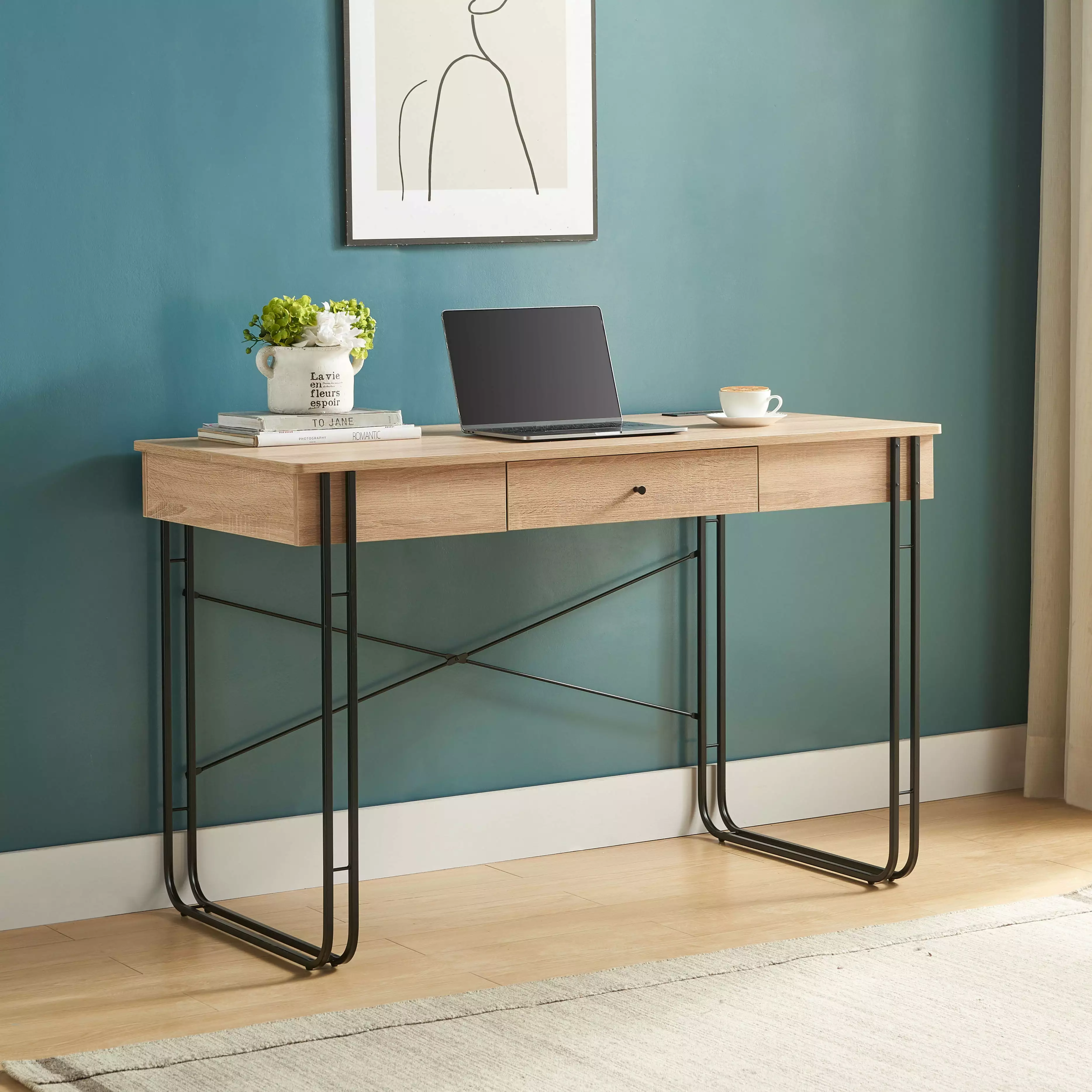 White Black Metal Base Office Computer Writing Desk 1 Storage Drawer and USB Charger DJ Corp Design
