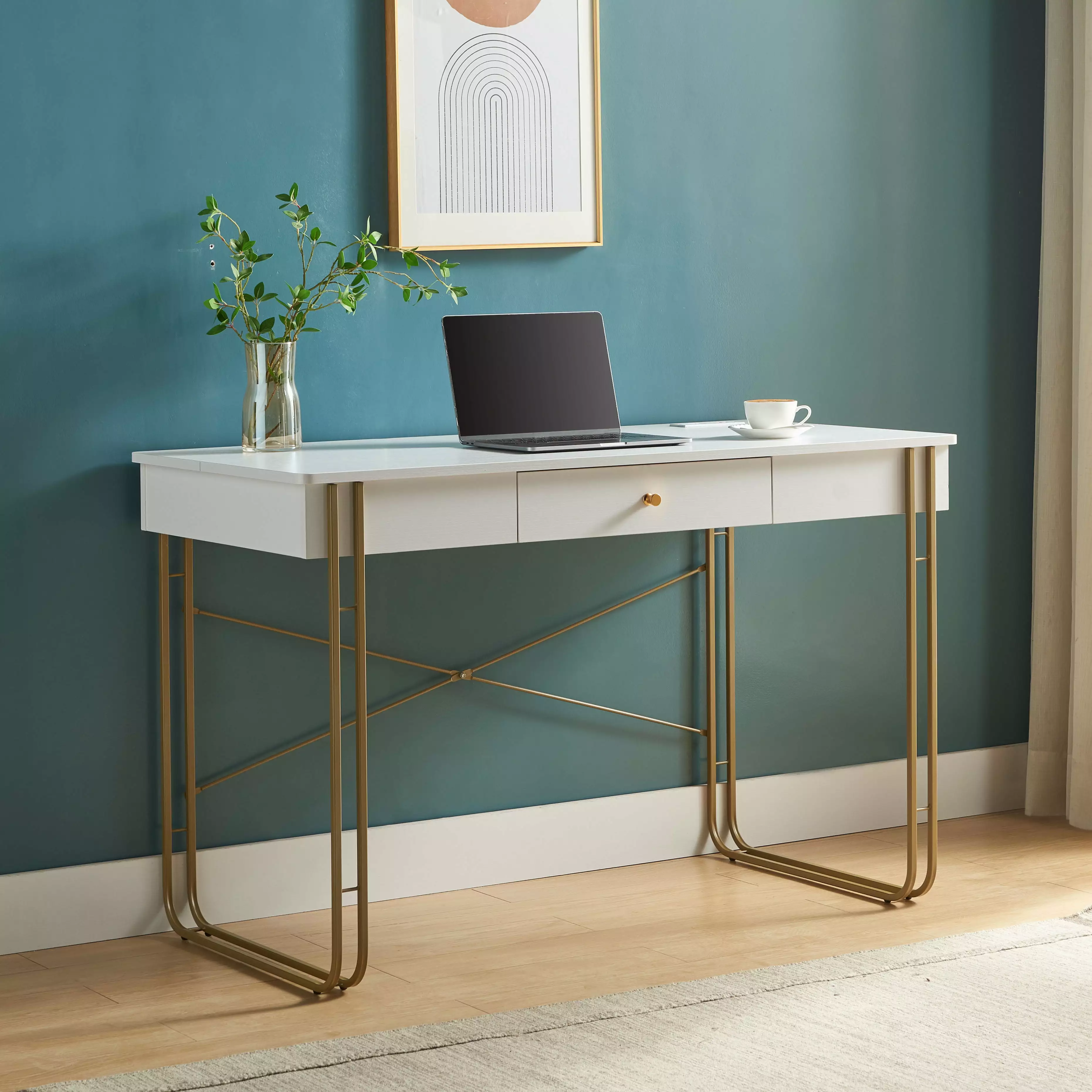 White Gold Metal Base Office Computer Writing Desk 1 Drawer and USB Port Charger DJ Corp Design