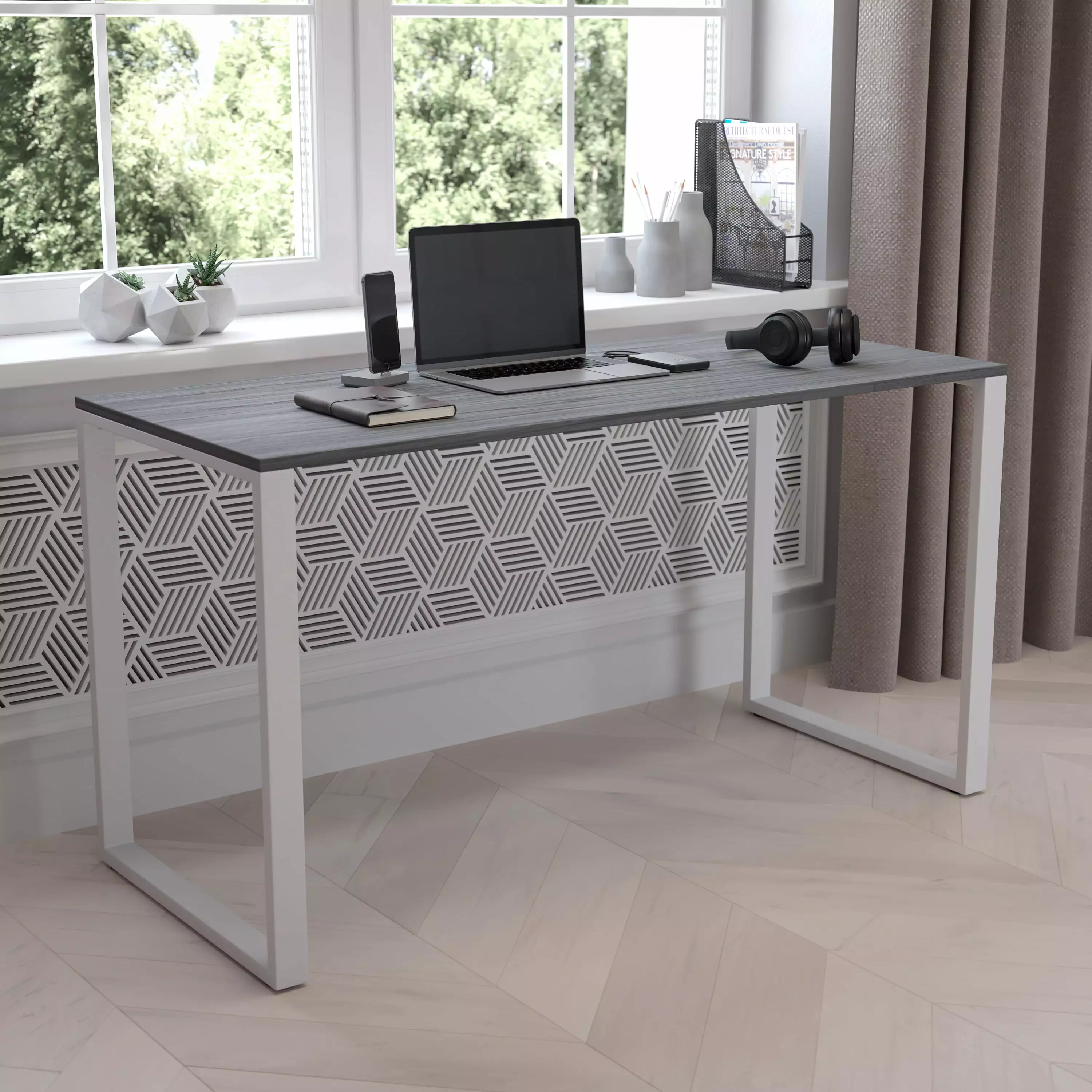 Emma + Oliver Modern Commercial Grade Desk Industrial Style Computer Desk 55 Rustic Gray EMMA   OLIVER