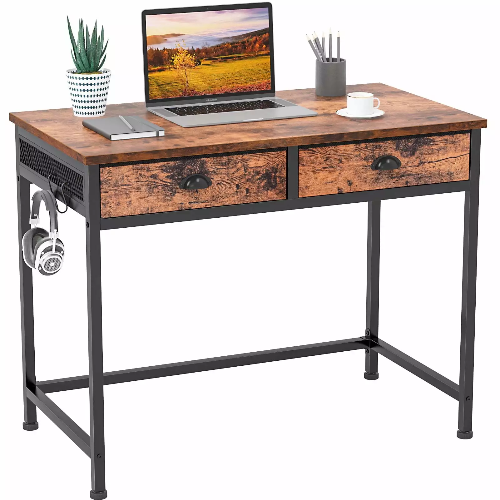 Furologee 36 Inch Computer Desk 2 Fabric Drawers Rustic Brown Home Office Writing Desk