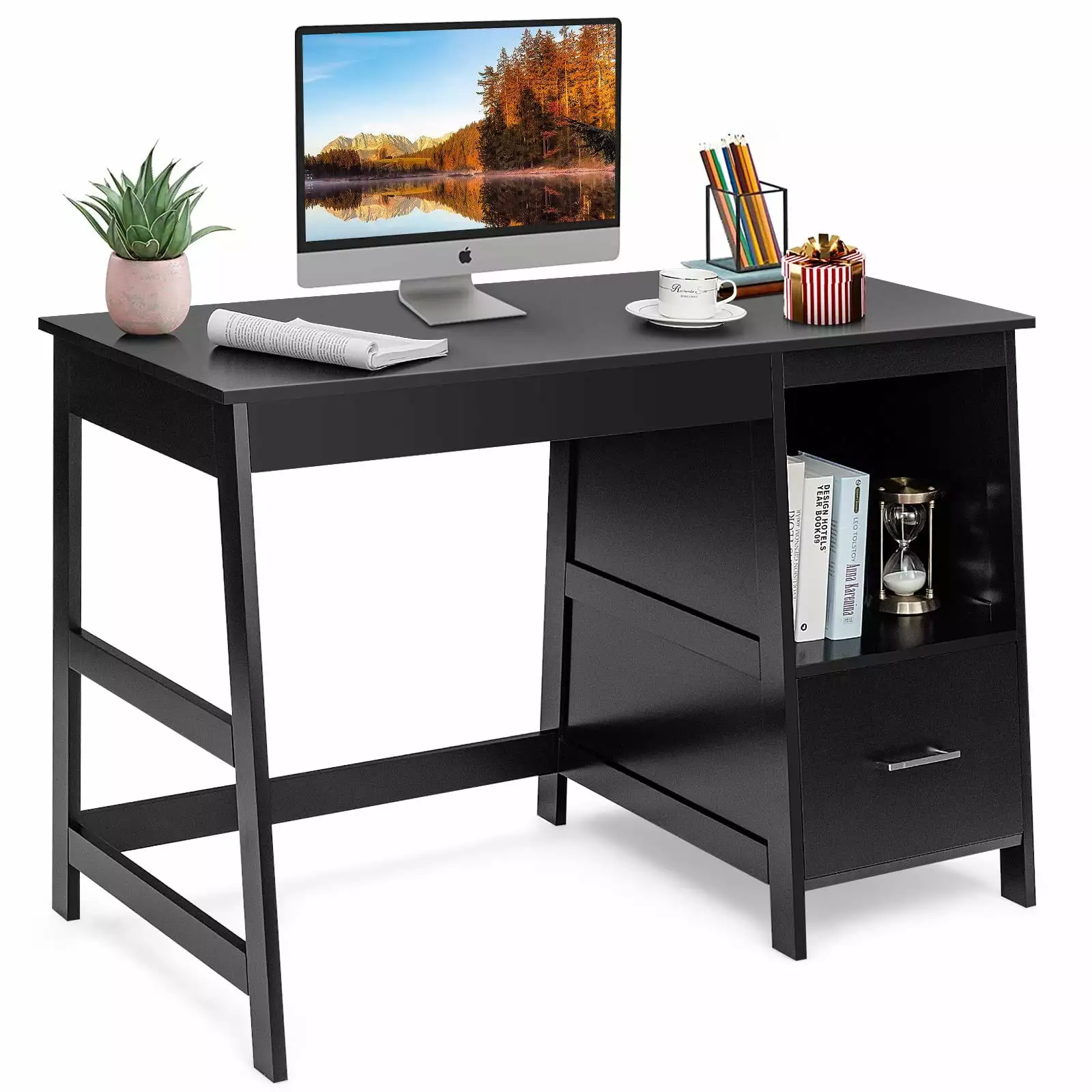 Giantex Wooden Computer Desk Home Office Desk Large Storage Space Multipurpose Ladder Writing Study Table Black