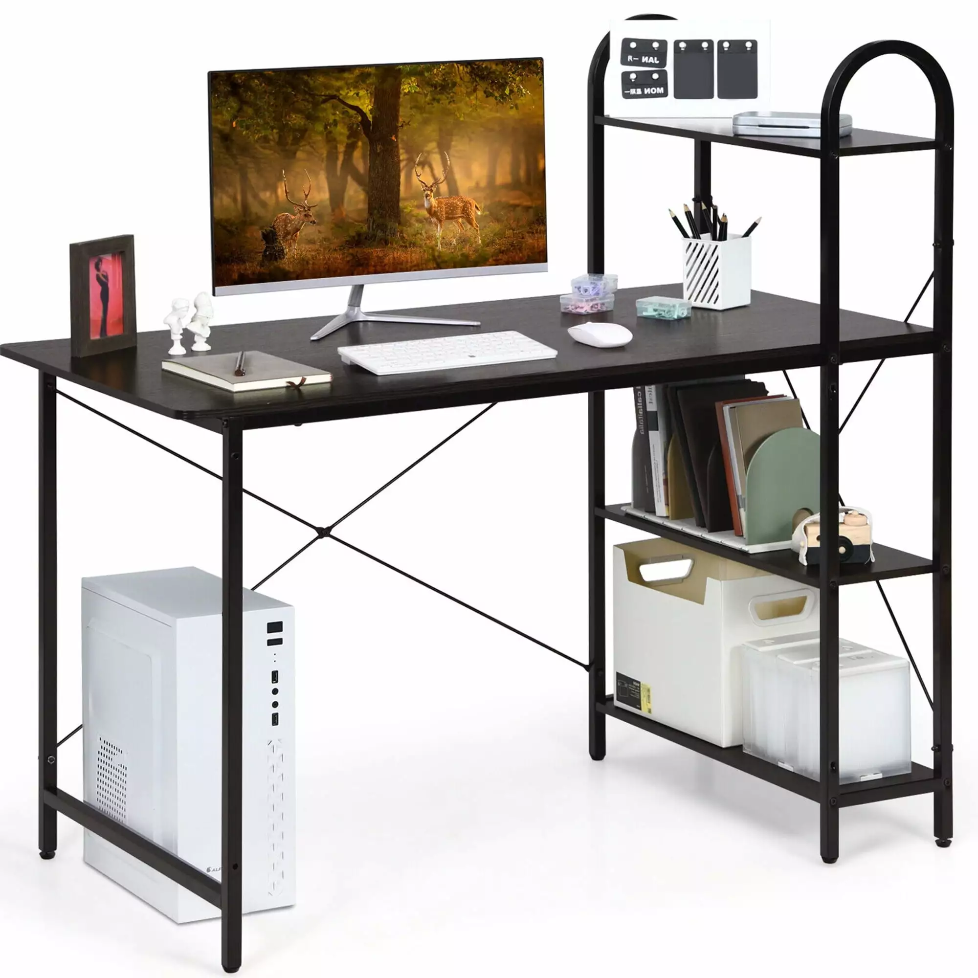 Gymax Reversible Computer Desk 4-Tier Bookshelf Study Workstation Home Office