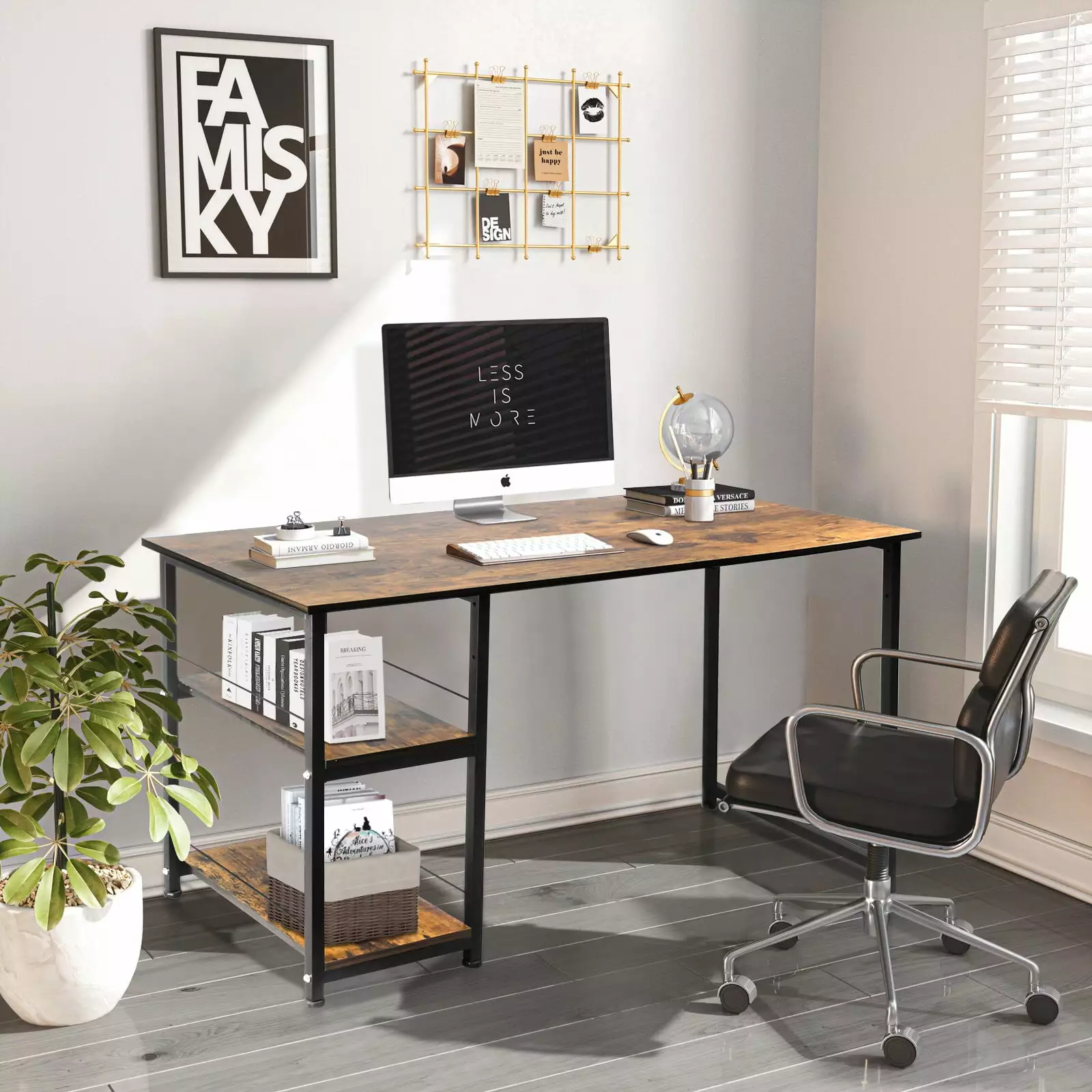 Computer Desk Home Office Desk 2 Tiers Shelves Rustic Dark Brown Jerry & Maggie