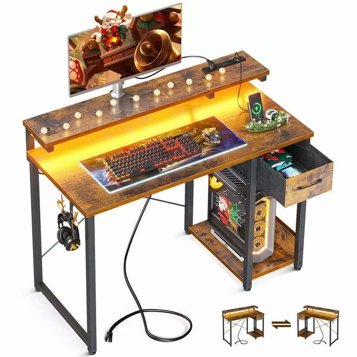 40 Inch Computer Desk Drawers & Power Outlets Study Writing Desk Monitor Stand Small Space Modern Simple Style Laptop Desk...