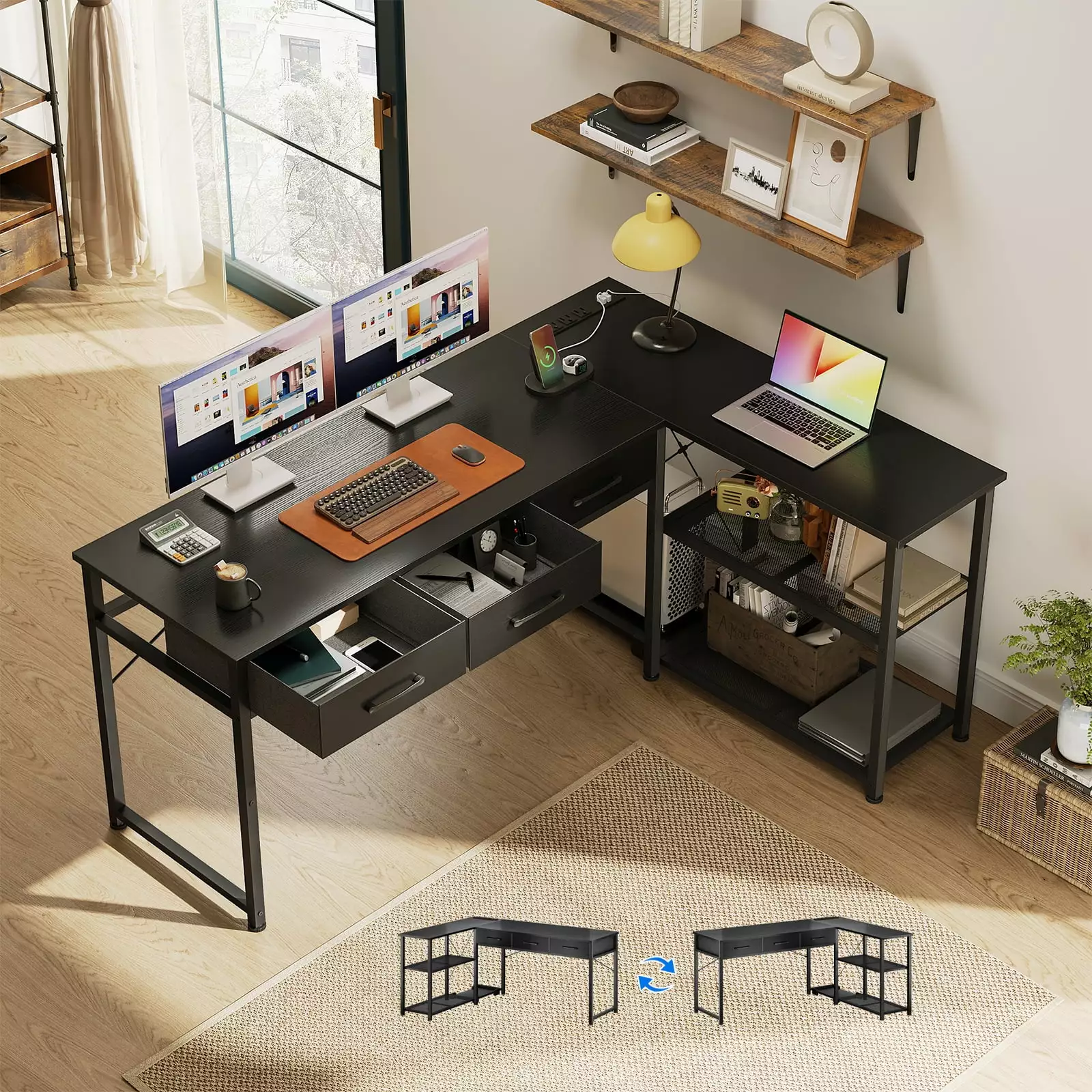 53 Inch Reversible Office Desk Power Outlets USB Ports and 3 Drawers KKL