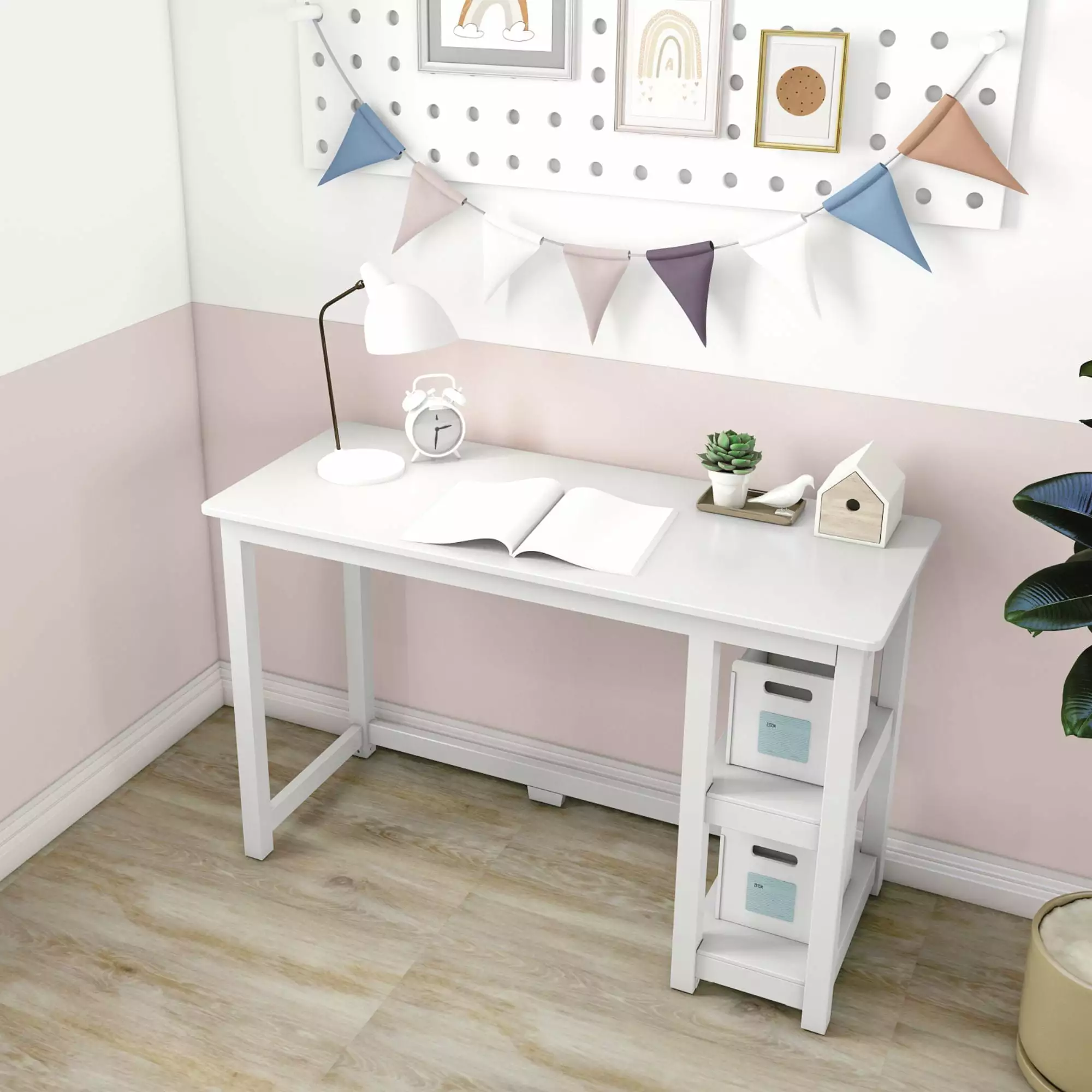 Max & Lily 47 Inch White Desk Bookshelves Home Office Computer Gaming