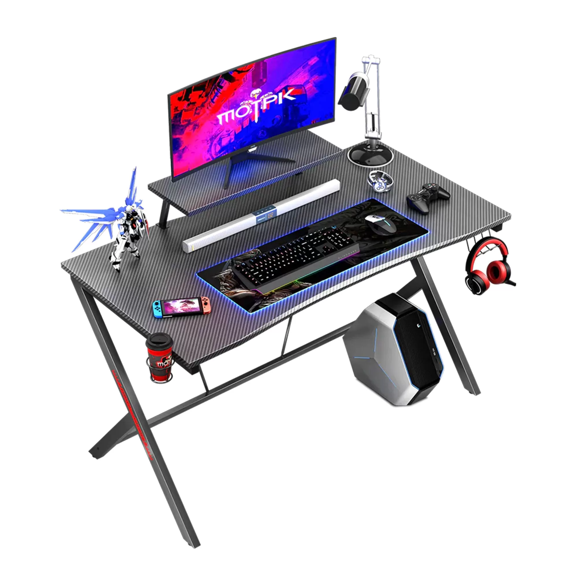 MOTPK 39 Inch Carbon Fiber Computer Gaming Desk Raised Monitor Shelf Black