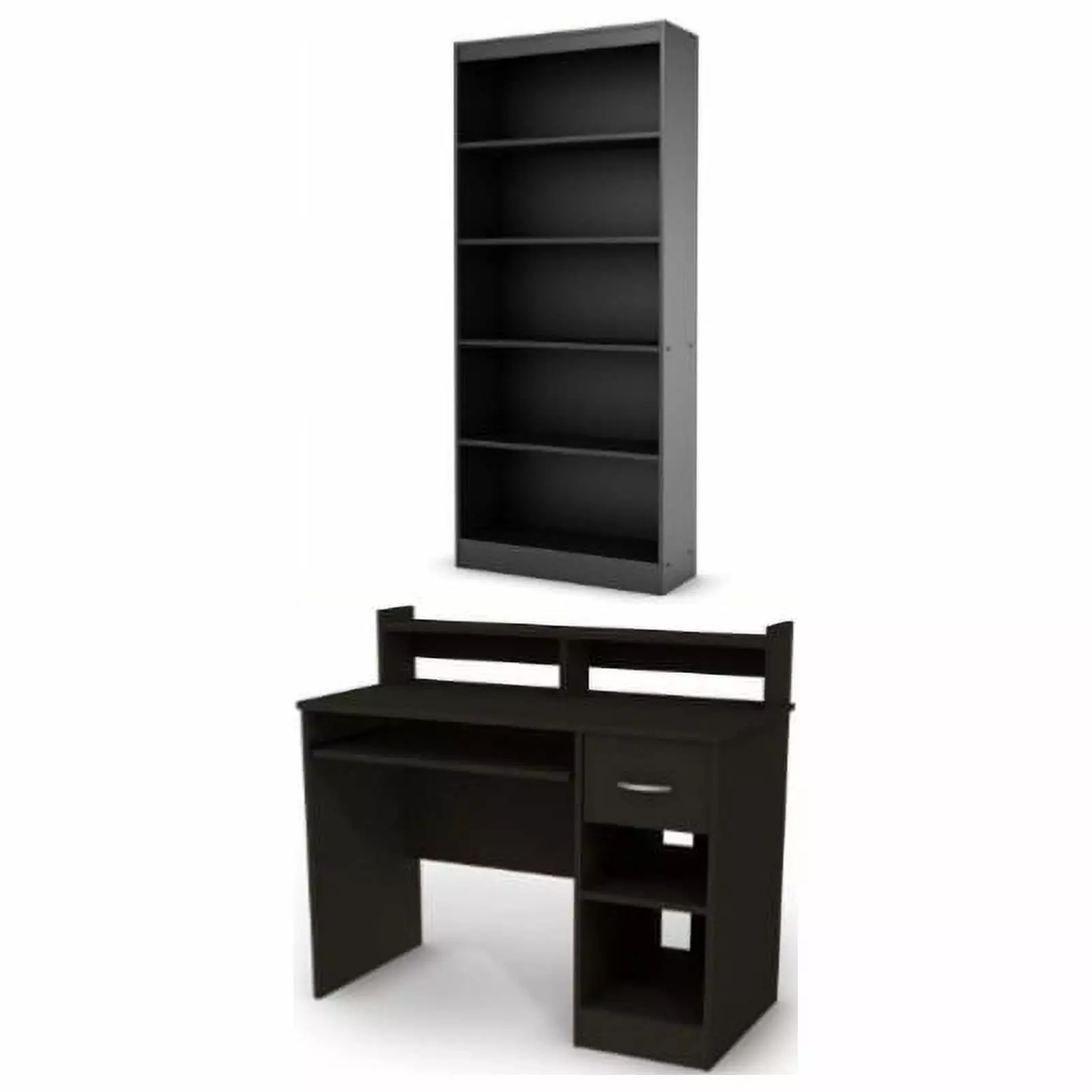 South Shore Axess Pure Black Desk Keyboard Tray and 5-Shelf Bookcase Set