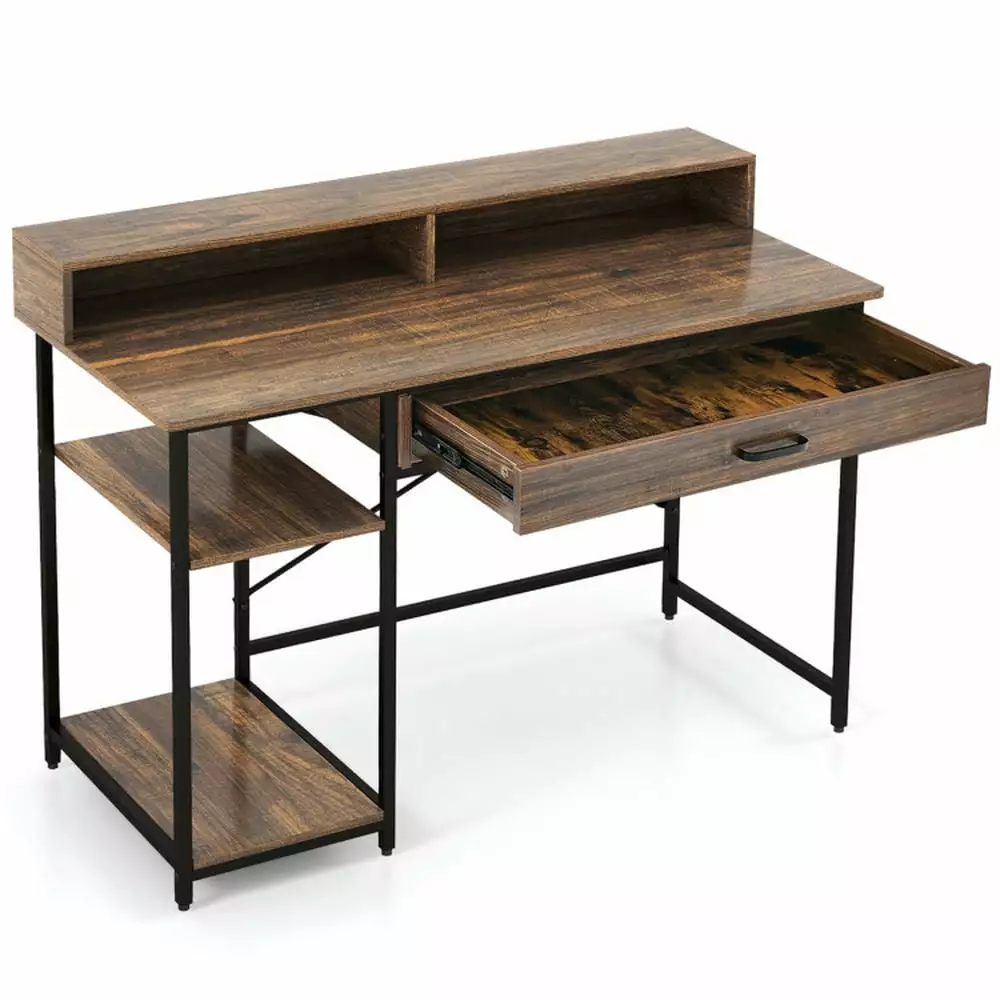 Spaco 48 Inch Computer Desk Monitor Stand Drawer and Shelves Rustic Brown