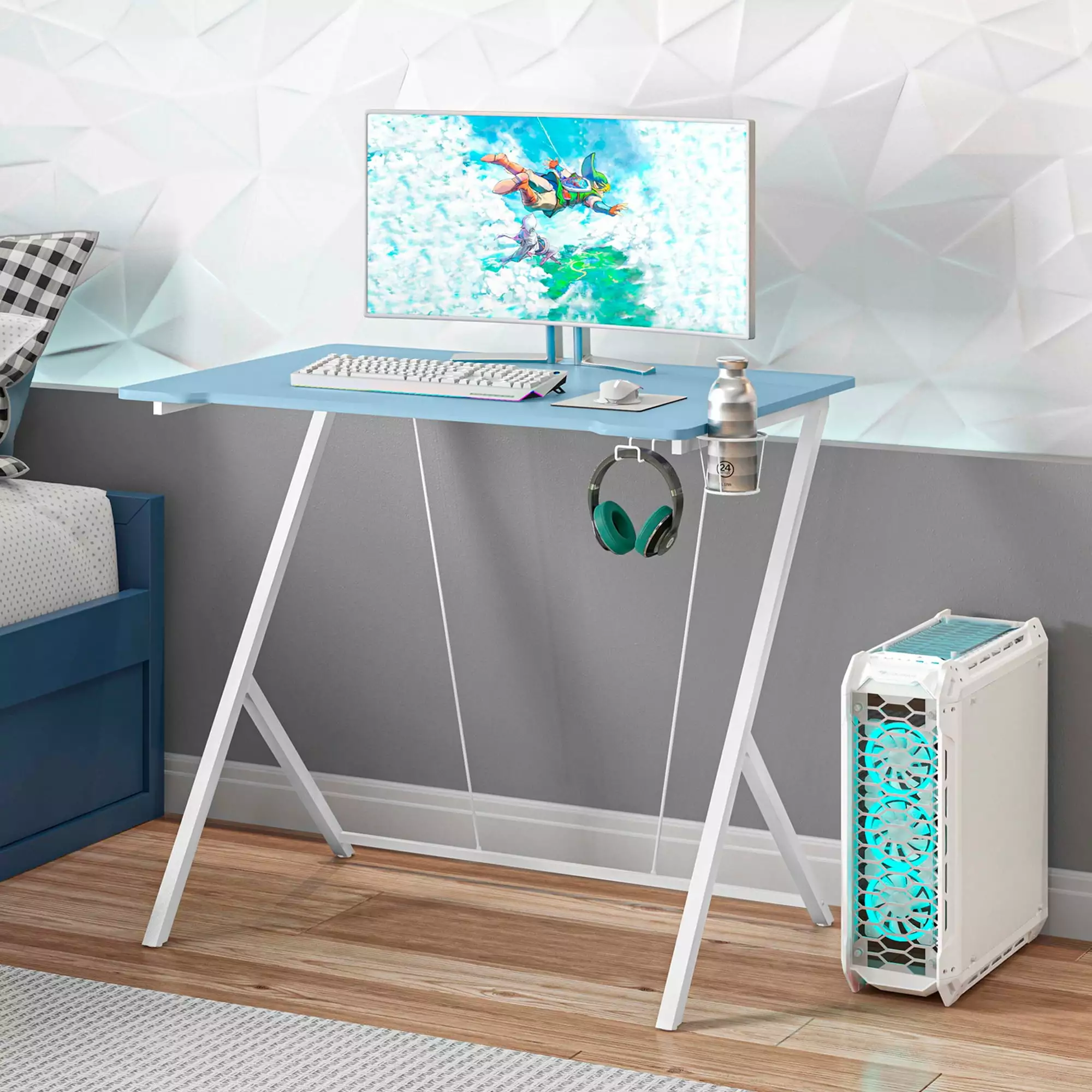 Techni Mobili Kids Computer Desk Headphone and Cup Holder Blue