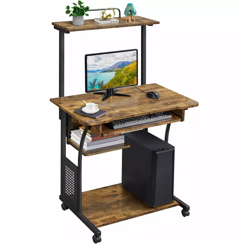 Topeakmart 2 Tier Rolling Computer Desk Printer Shelf and Keyboard Tray Rustic Brown