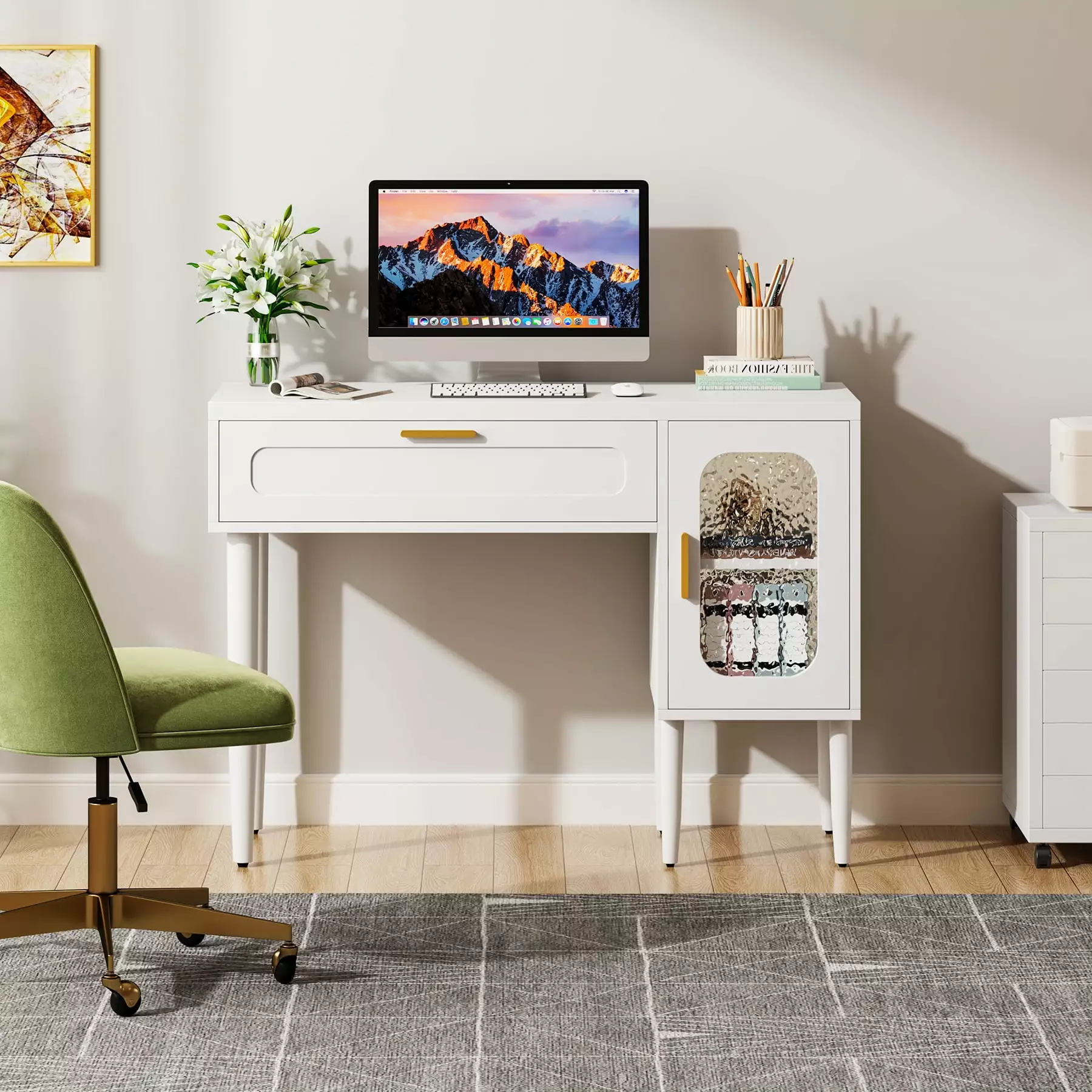 43 Inch White Computer Desk Large Drawers - Modern Makeup Vanity Table Bedroom or Home Office Tribesigns
