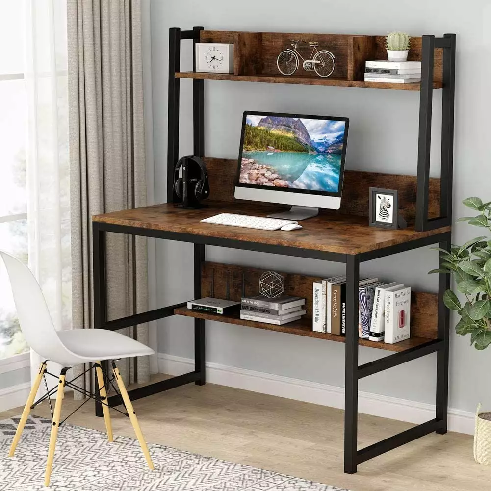 TribeSigns Computer Desk Hutch and Shelves - Home Office Desk Small Spaces Dark Brown