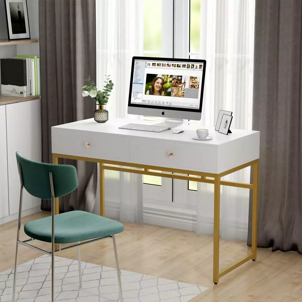 Tribesigns 47 Inch White Gold Computer Desk 2 Storage Drawers Modern Home Office
