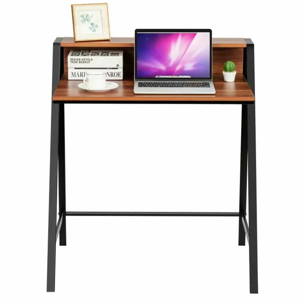 YYAo Writing Desk Home Computer Desk 2 Tier Study Workstation Walnut