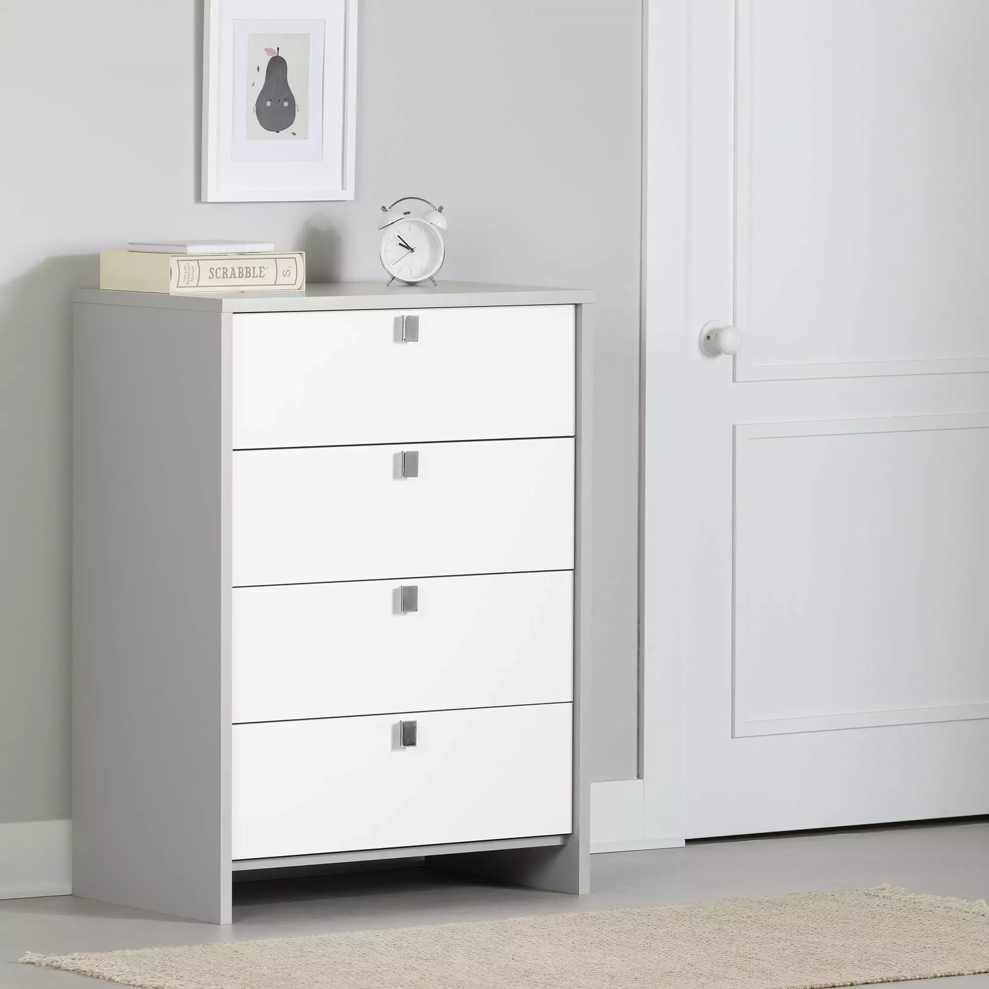 South Shore Cookie Contemporary 4-Drawers Dresser Soft Gray and White