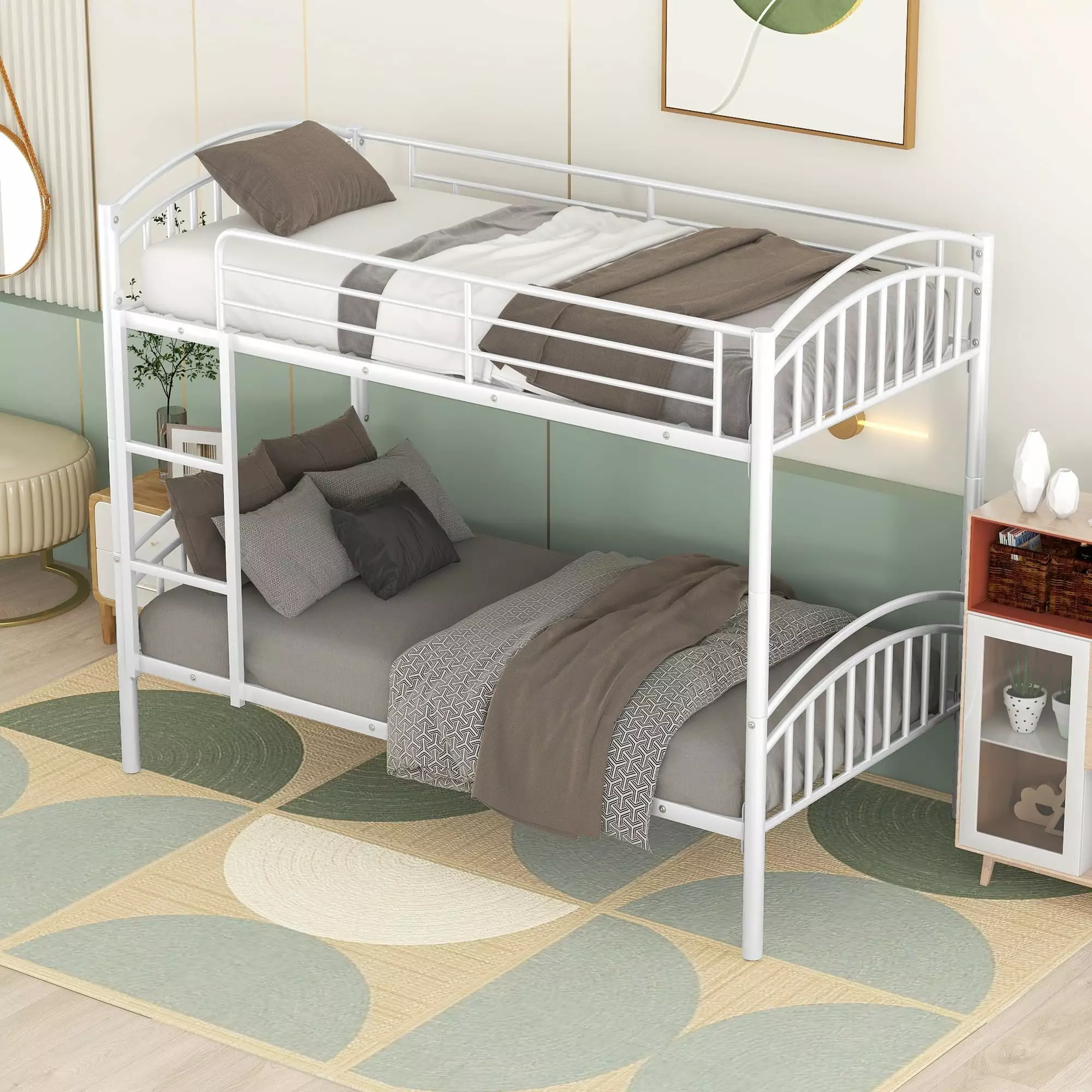 Elitezip Metal Bunk Bed Kids Teens Twin over Twin Built- Ladder and Protectty Gurdrail