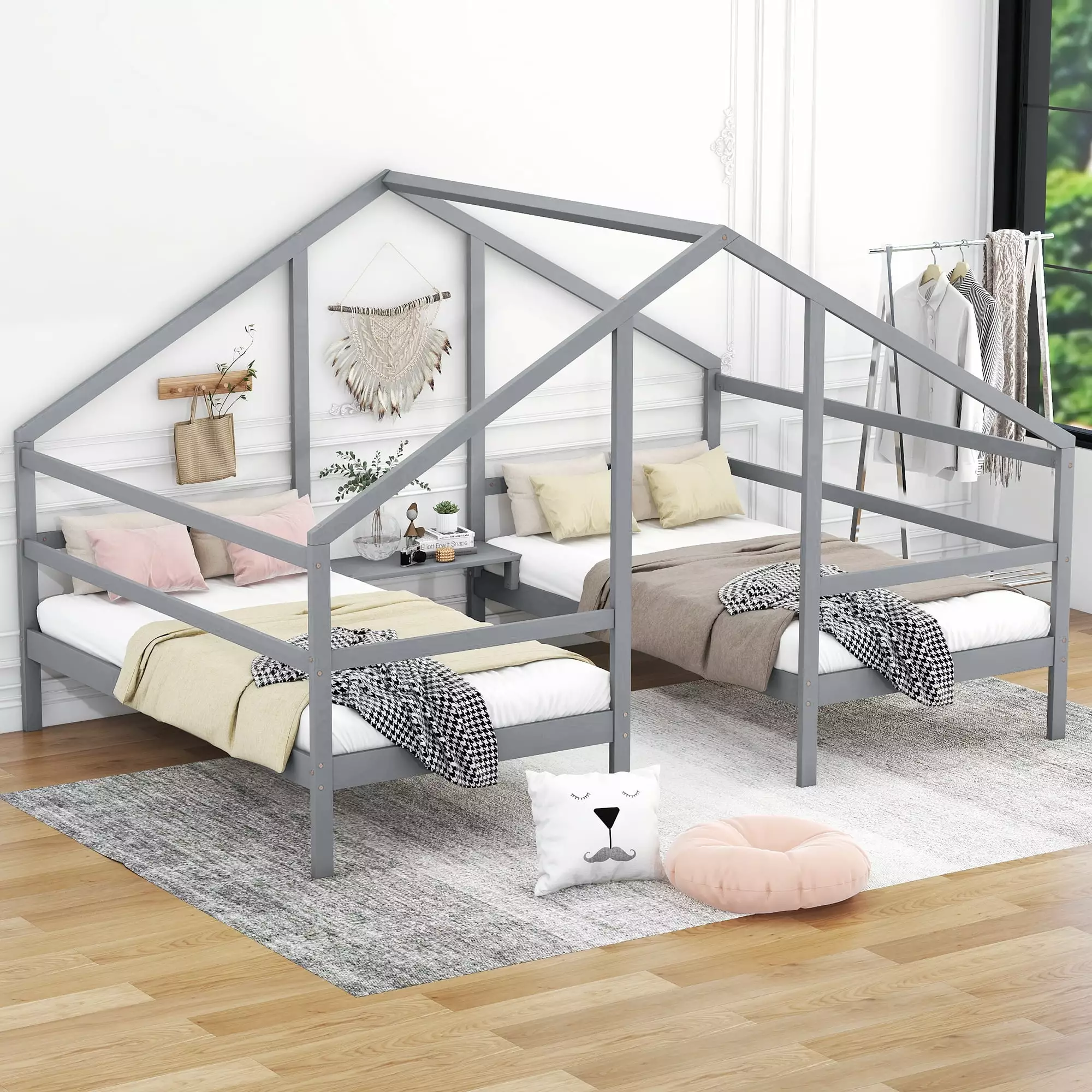 Euroco Wood House Twin Bed Movable Desk Gray - Two Beds One Kids