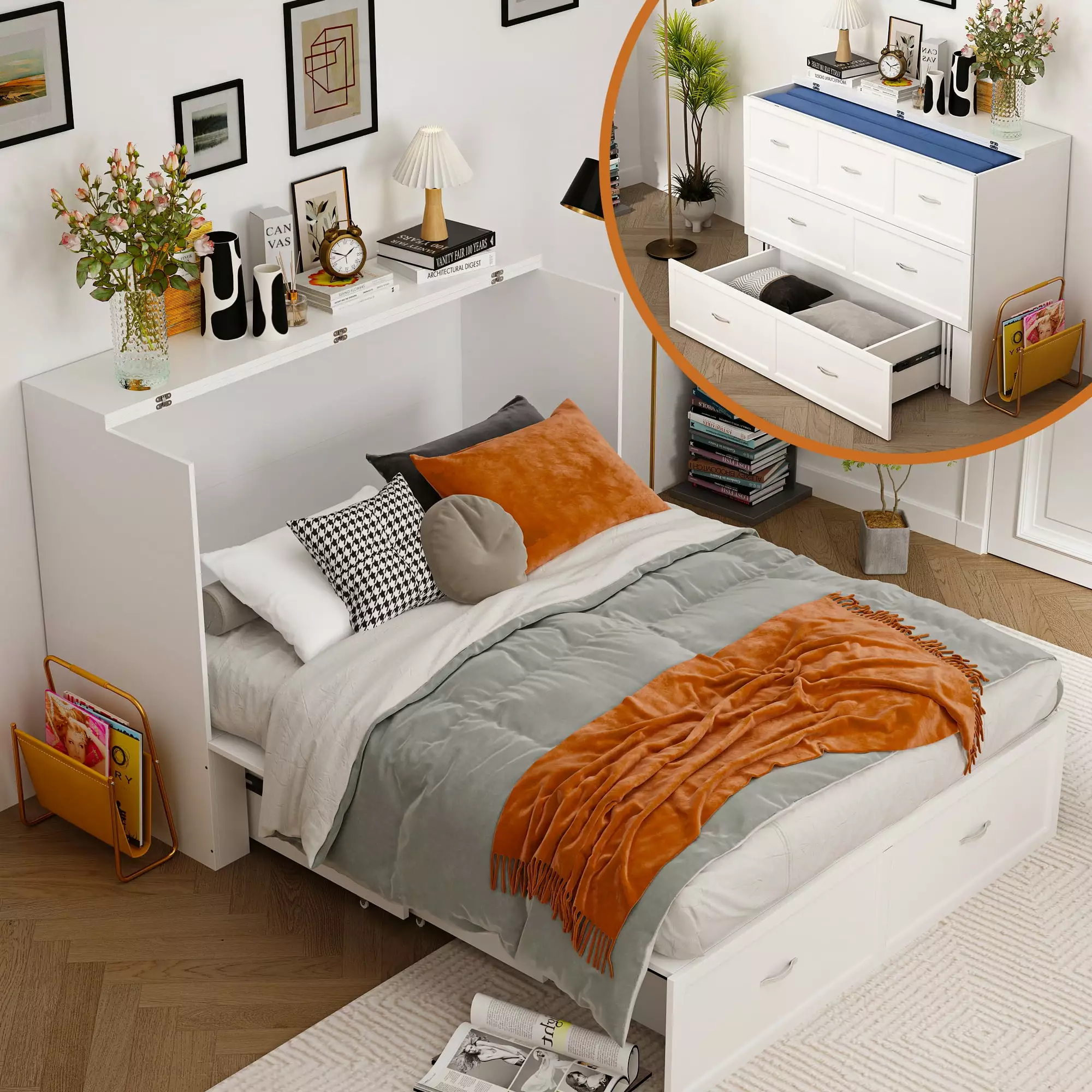 OXYLIFE Murphy Bed 2 1 Convertible Chest Bed Cabinet Drawer and USB Charging Station Full Size