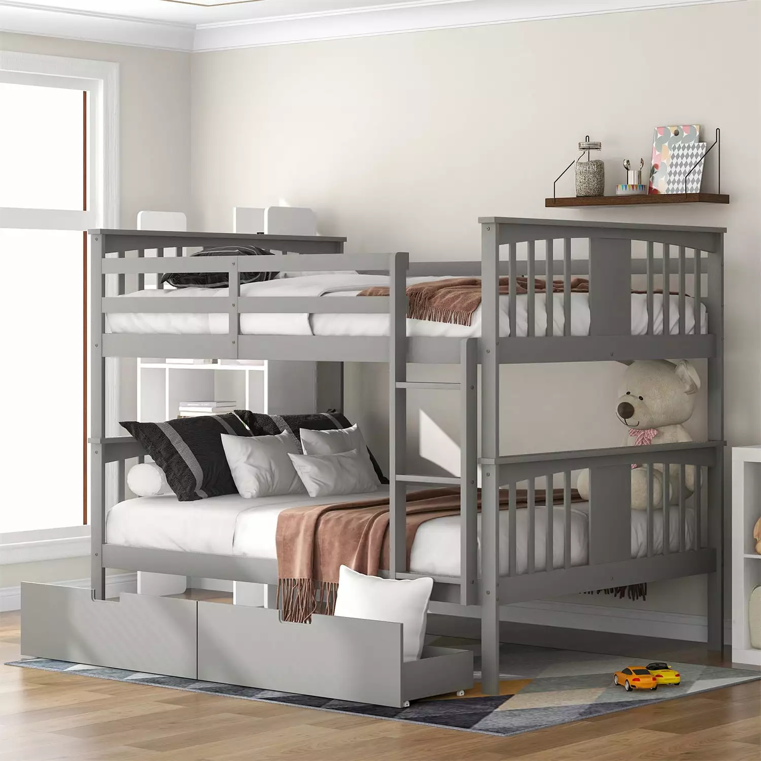 Full Over Full Bunk Bed 2 Drawers - Convertible Wooden Bed Frame Guardrail and Ladder - Can be Divided into 2 Beds - Grey ...