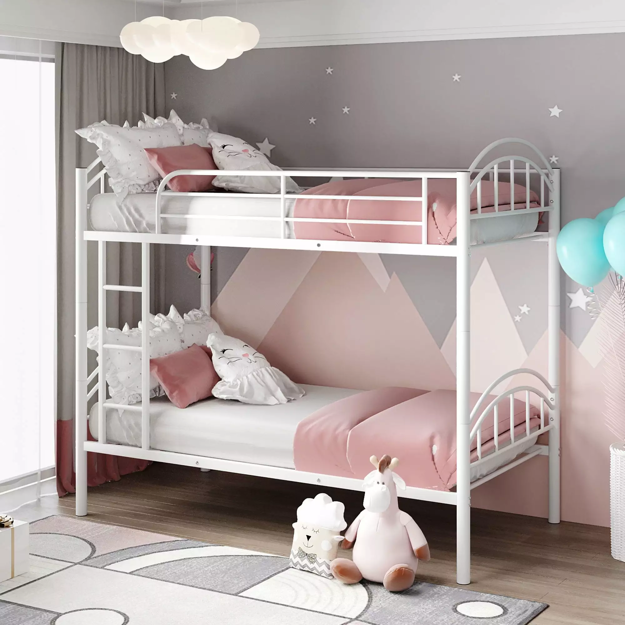 Twin Over Twin Metal Convertible Bunk Bed Removable Ladder and Guard Rail White ARCTICSCORPION