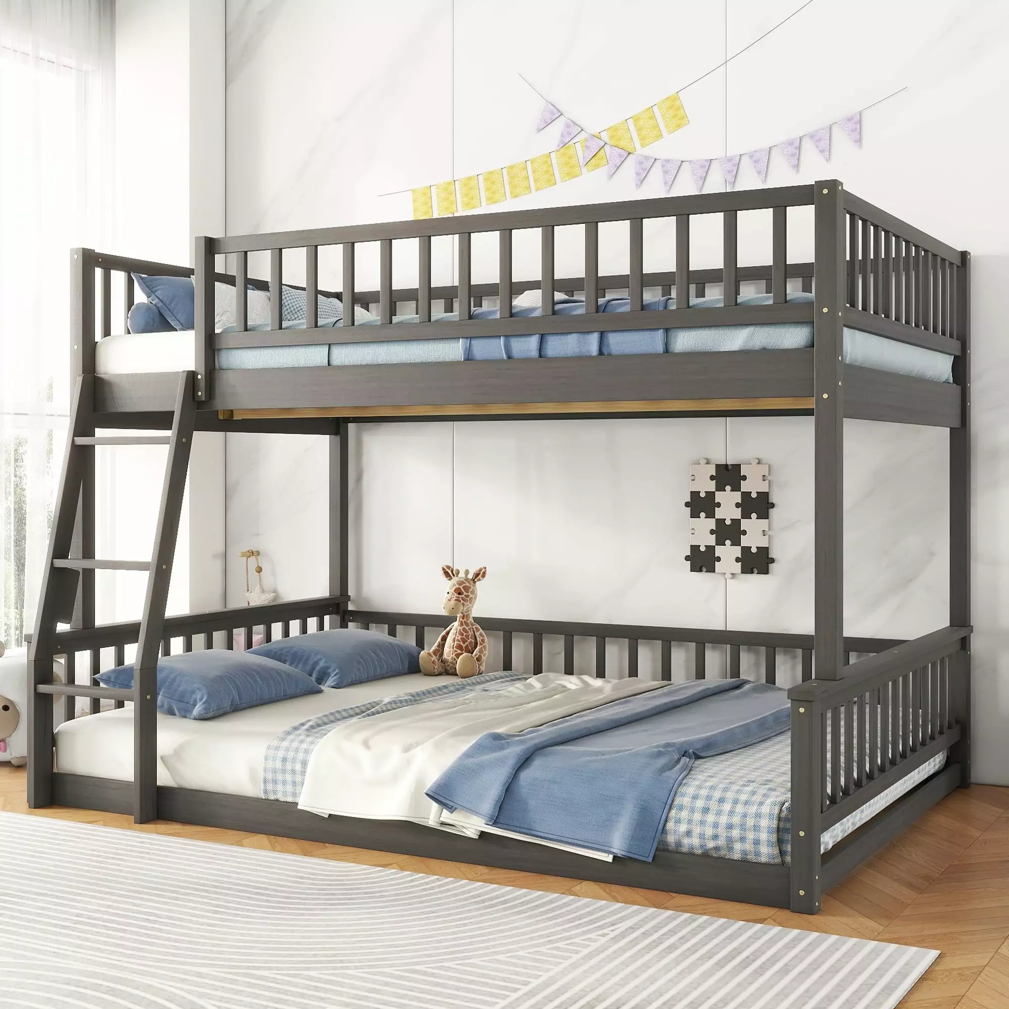 Bellemave Full XL over Queen Bunk Bed Set Fence-shaped Guardrails - Convertible Bunk Bed Kids, Teens, Adults - Gray