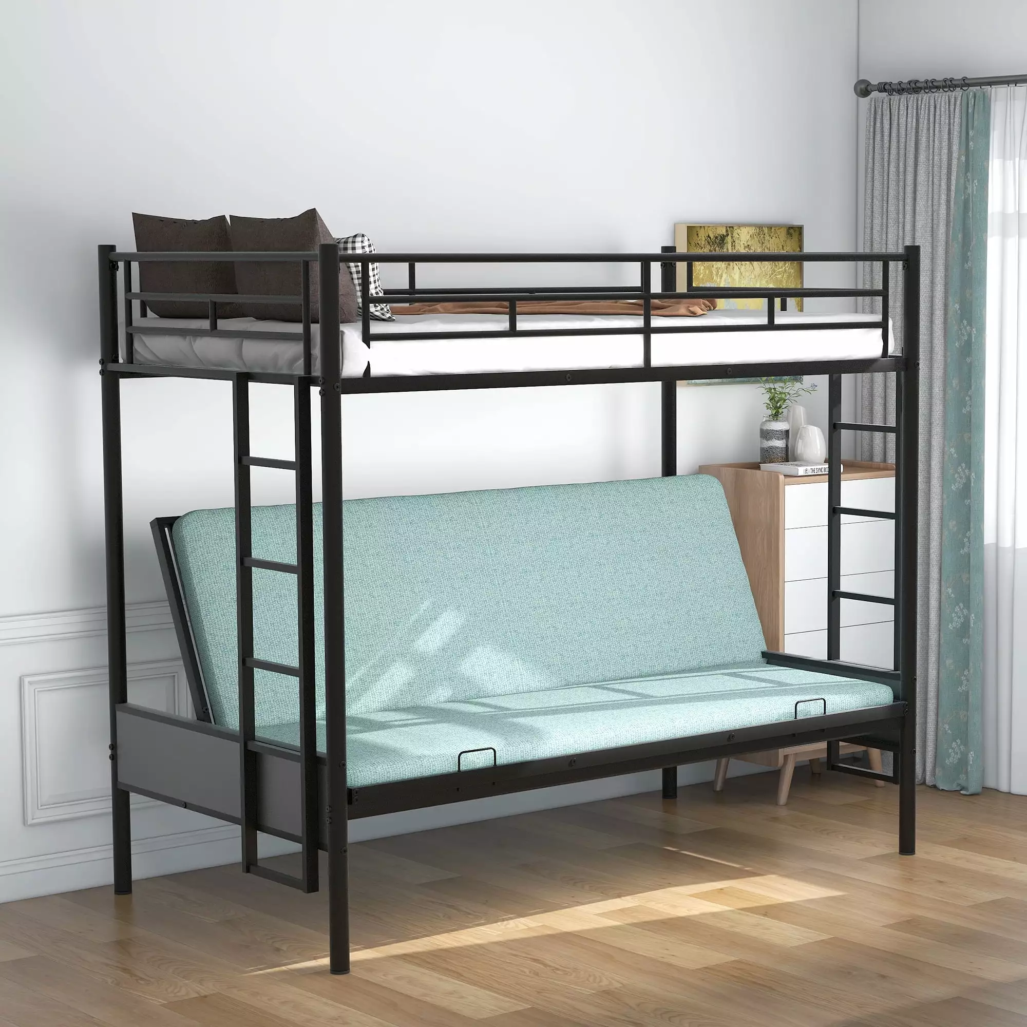 Bellemave Metal Twin over Futon Bunk Bed Frame Convertible to Twin over Full Bunk Bed Black