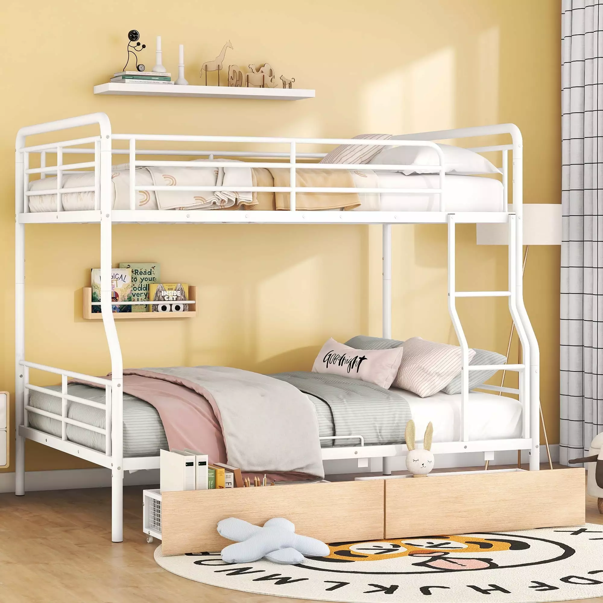 DreamBuck Full XL Over Queen Bunk Bed 2 Drawers Convertible Bunk Beds Heavy-Duty Metal Bunk Bed Frame Noise Free