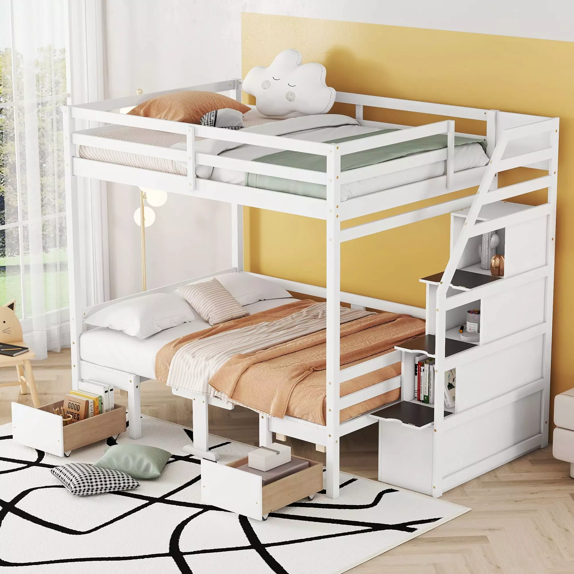 EUROCO Full Size Bunk Bed Convertible Down Bed and Storage Staircase White - Versatile Bunk Bed Extra Storage