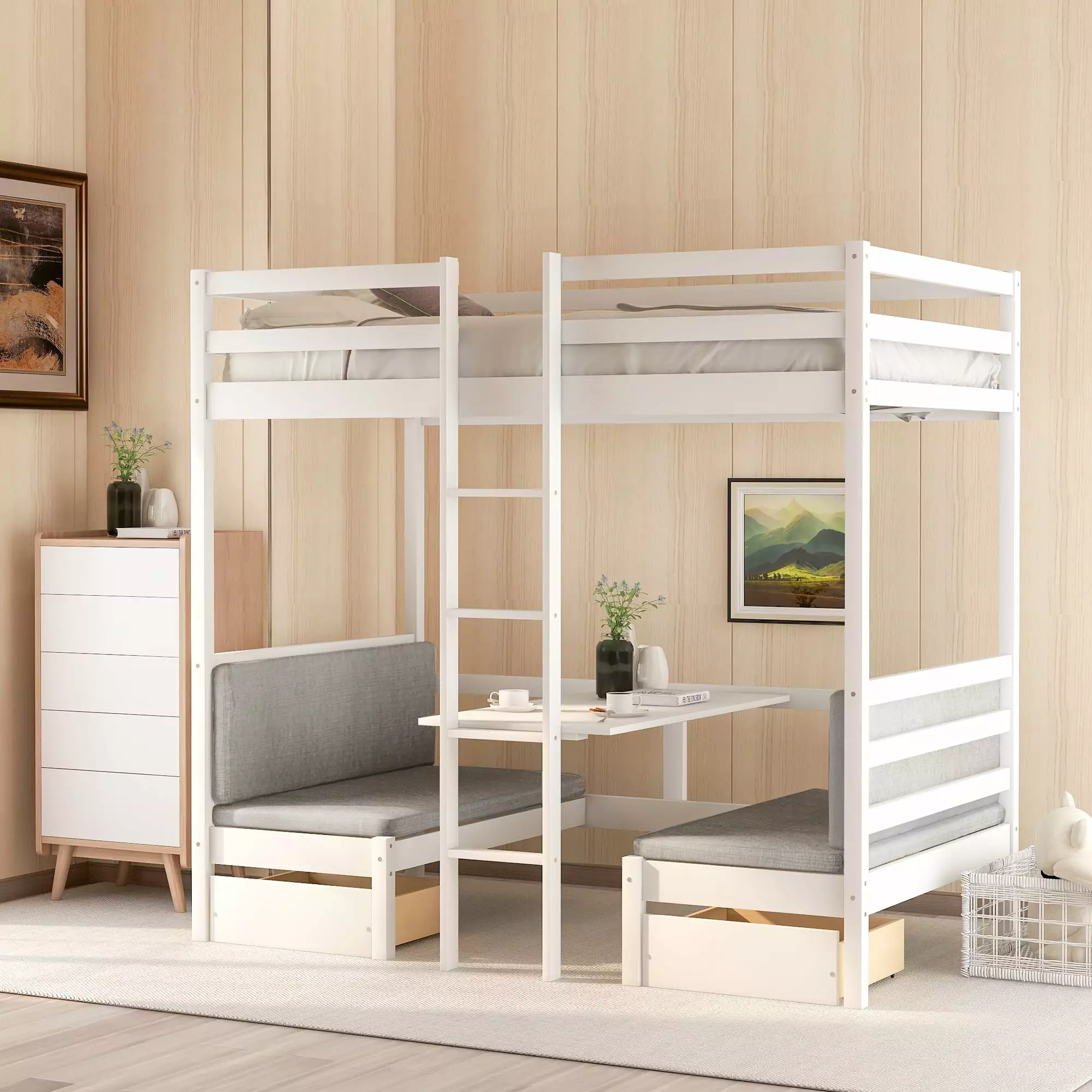 Euroco Solid Wood Convertible Twin over Twin Bunk Bed Futon Desk Benches and Cushion Sets Kids Room Living Room White