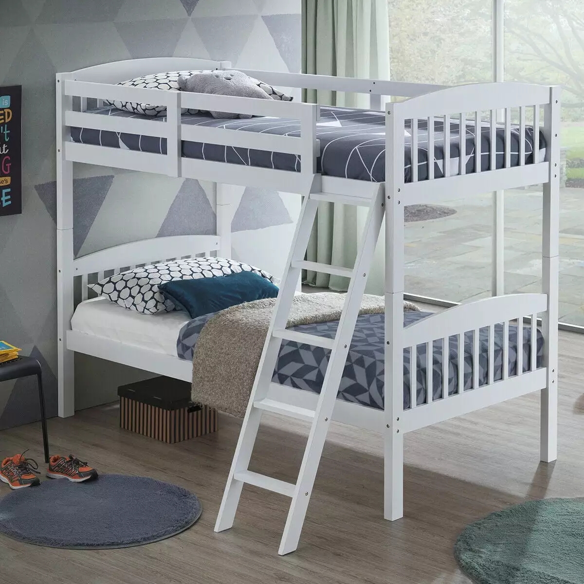 Gymax Wood Hardwood Twin Bunk Beds Convertible into 2 Individual Kid Bed Ladder White - Versatile Kids Bunk Bed