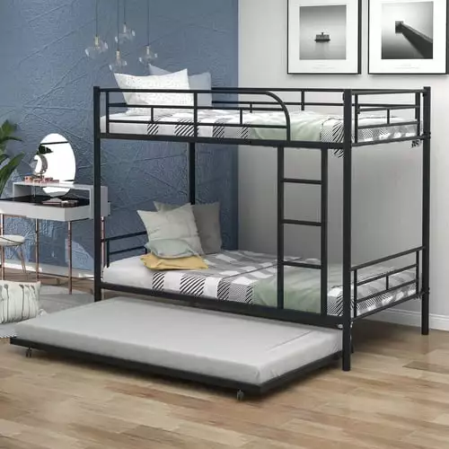 JINS & VICO Metal Bunk Bed - Twin Over Twin Bunk Bed Trundle Kids and Teens - Convertible to Two Beds - Black