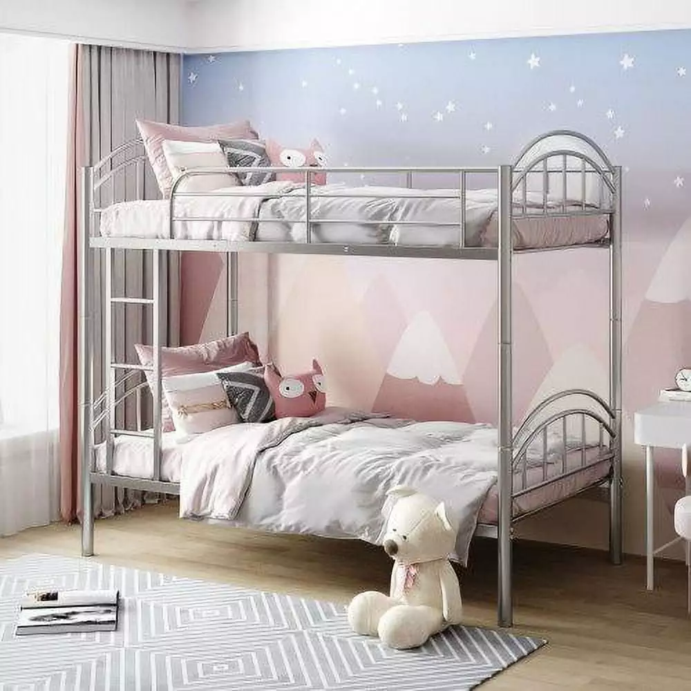 JINS&VICO Twin Over Twin Metal Bunk Beds Convertible Kids Boys Girls Teens Silver JINS & VICO