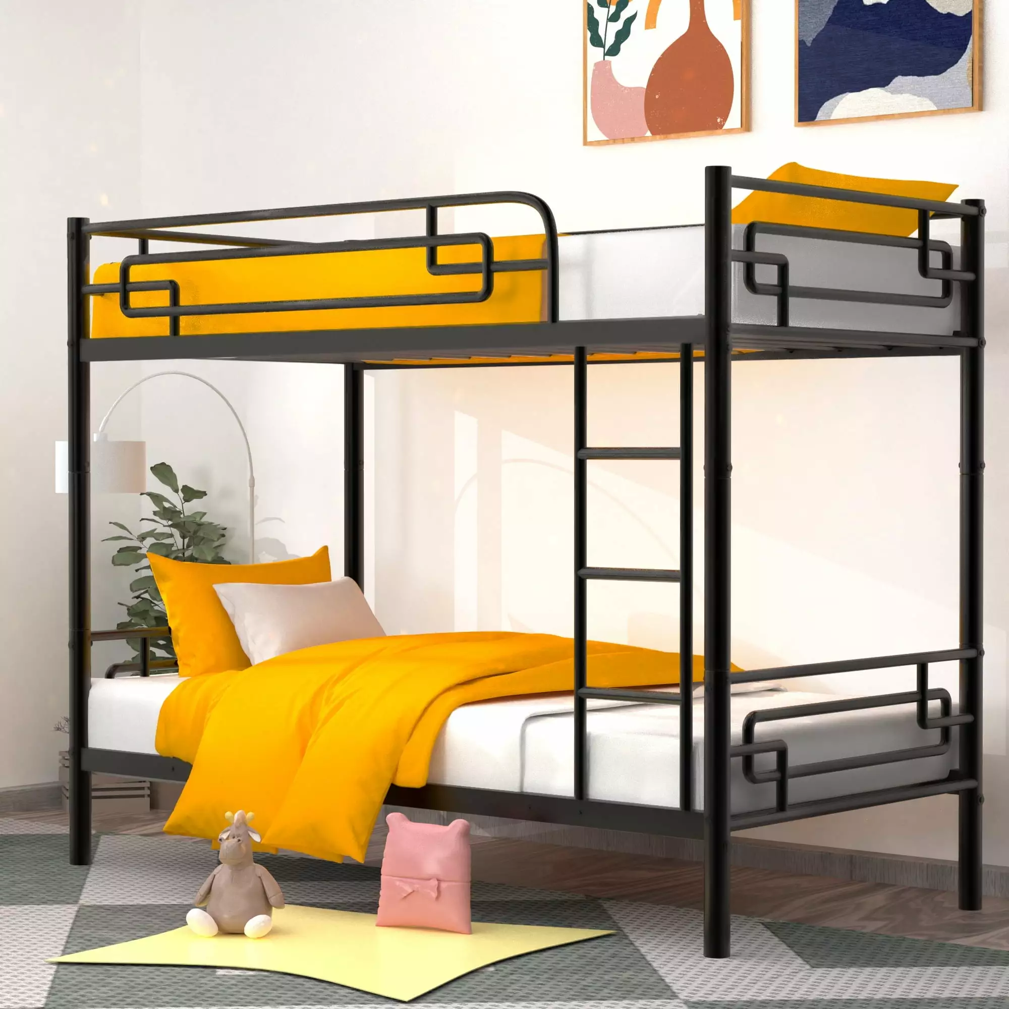 Jump Into Fun Bunk Bed Twin over Twin Metal Twin Bunk Beds Kids Teens Adults Convertible Safety Guard Rail Ladder Black