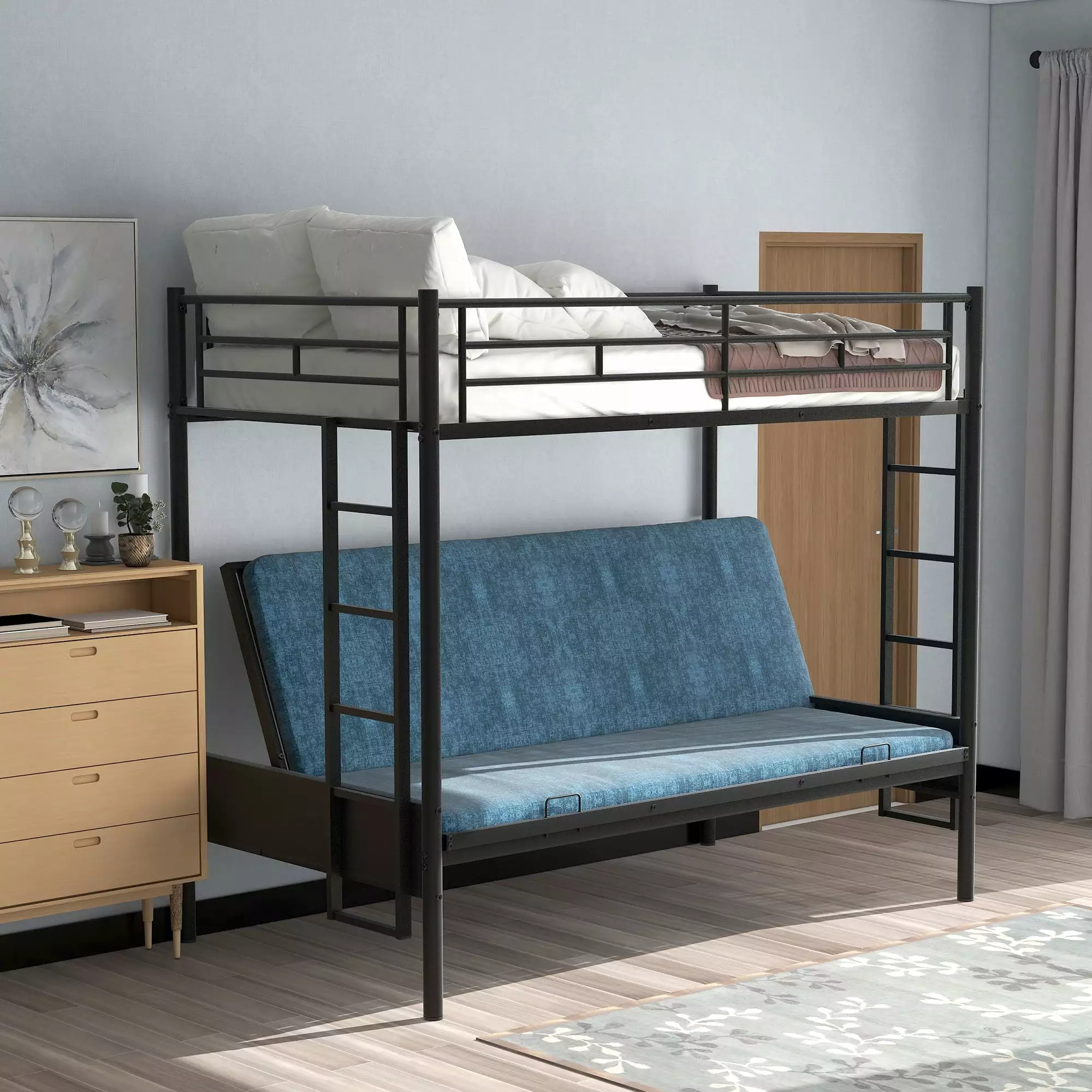 Merax Metal Twin over Full or Twin over Twin Bunk Bed or Daybed Convertible Lower Bed Living Room
