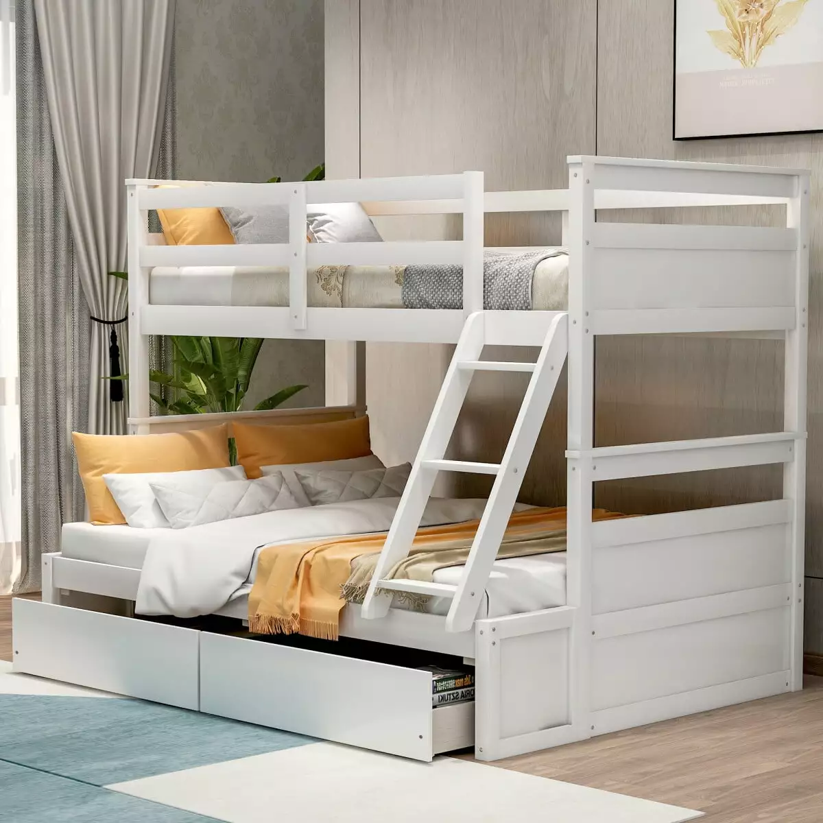 Twin Over Full Bunk Bed Two Storage Drawers and Ladders - Convertible to 2 Platform Beds - Solid Wood Loft Bed Kids, Teens...