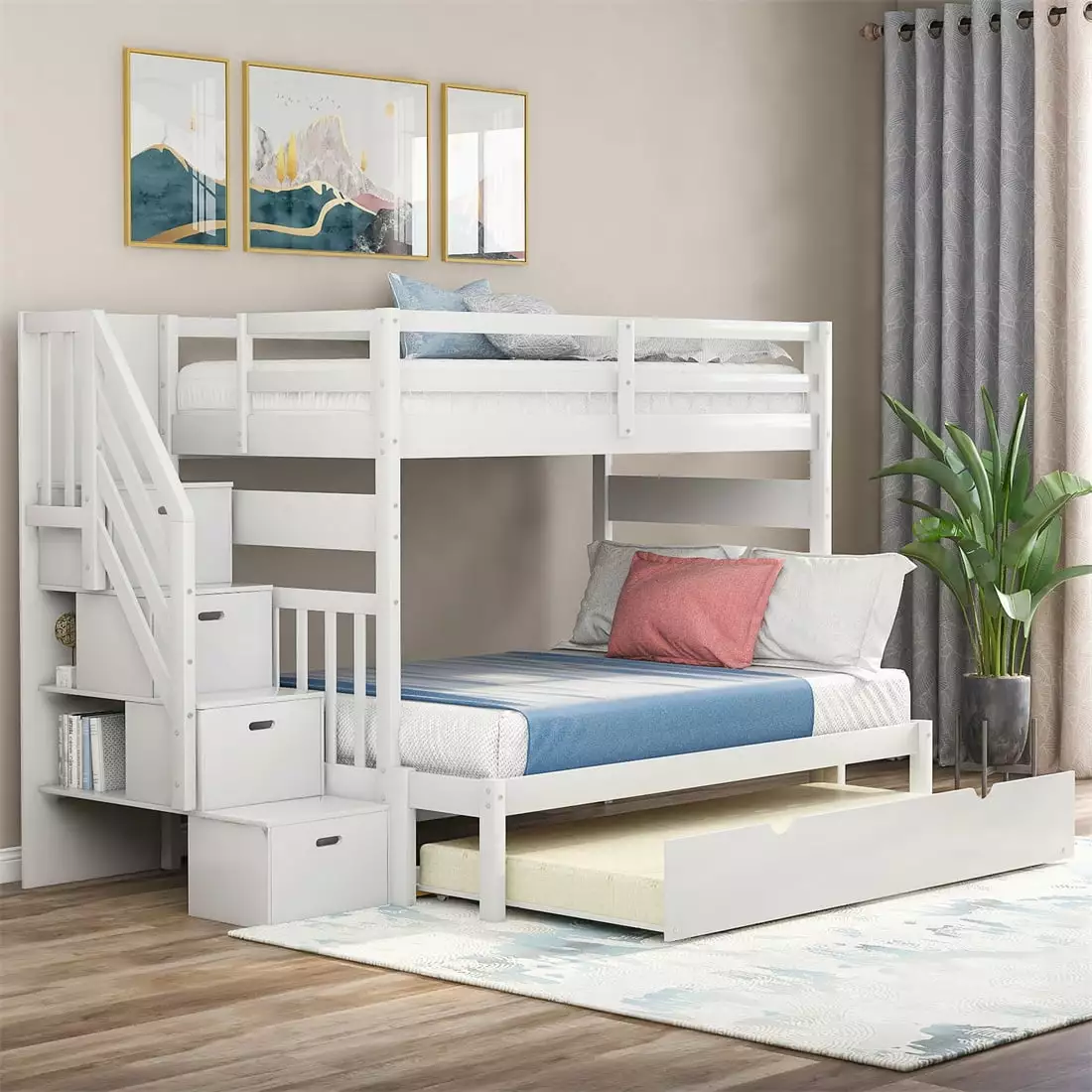 Twin over Twin Full Bunk Bed Trundle Convertible to 2 Platform Beds White Bunk Bed Frame Storage Stairs Triple Tree