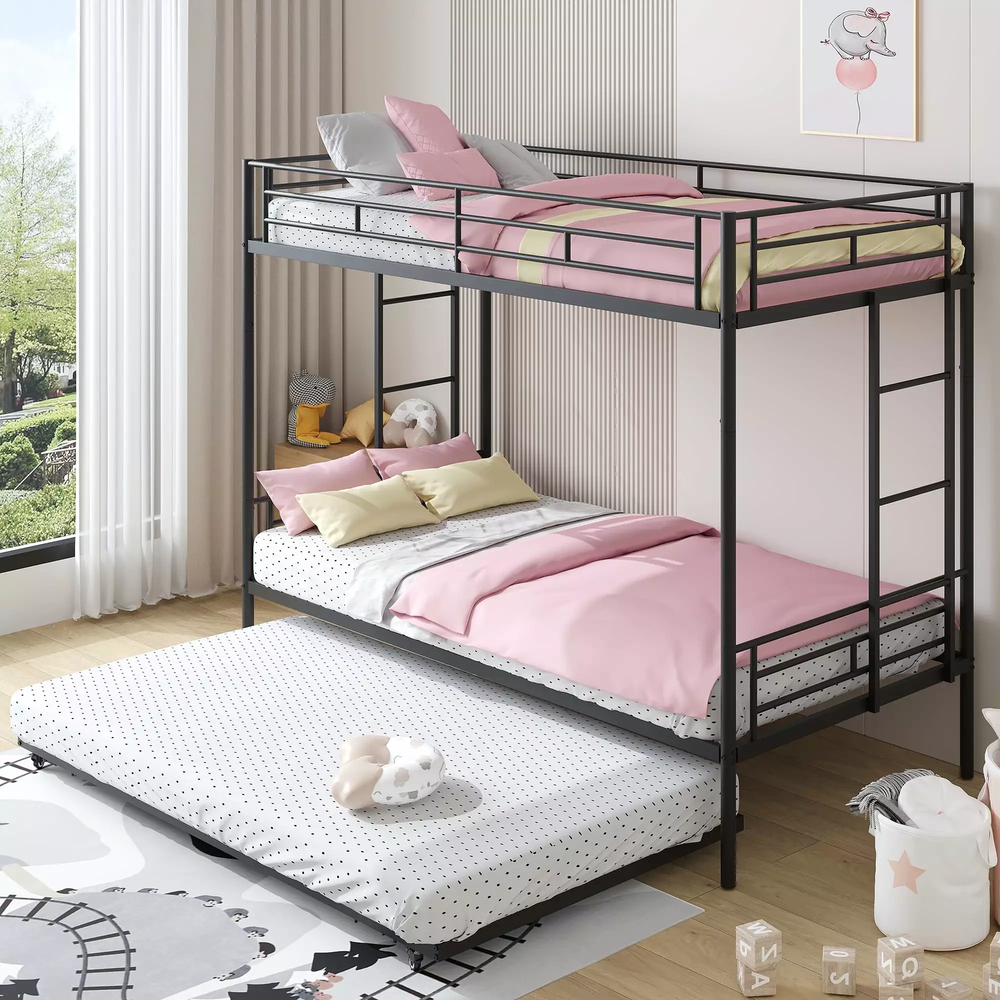 uhomepro Metal Twin Over Twin Bunk Beds Trundle Bed Convertible into 2 Twin Beds 2 Ladders No Box Spring Needed