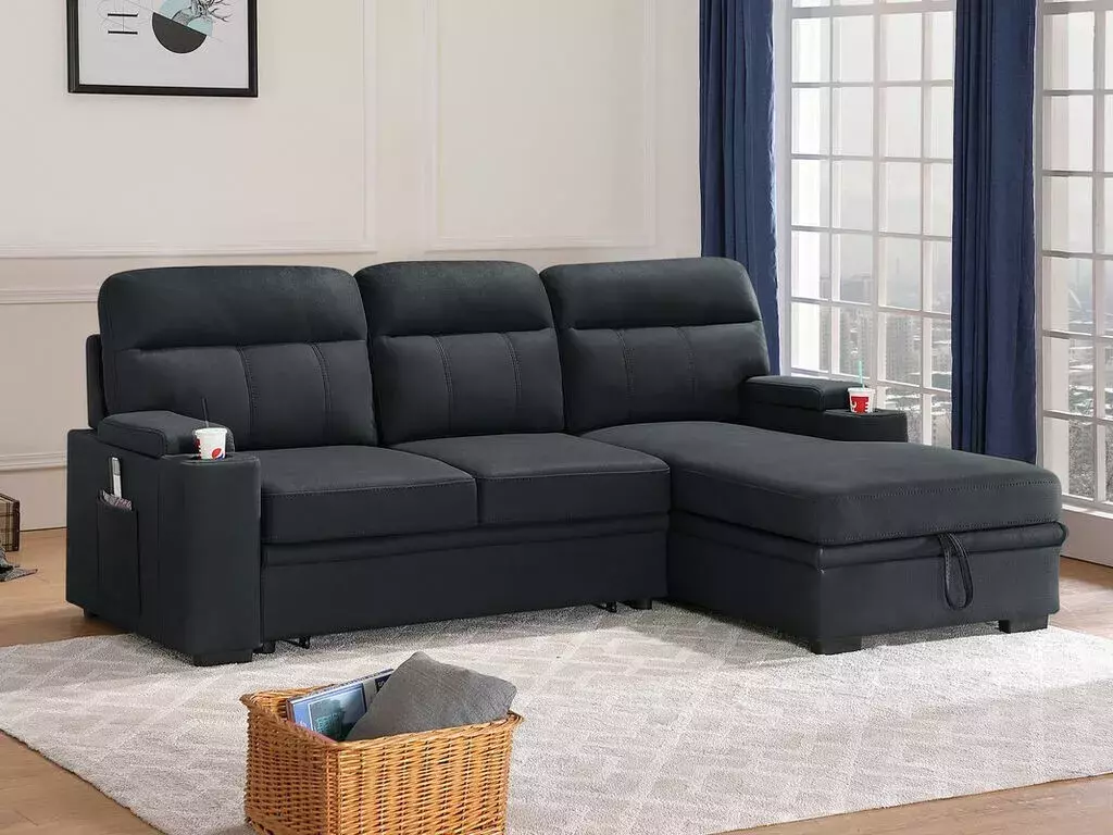 Contemporary Black 2pc Sectional Sofa Chaise Storage Arms Cupholders and Pull-out Bed Esofastore