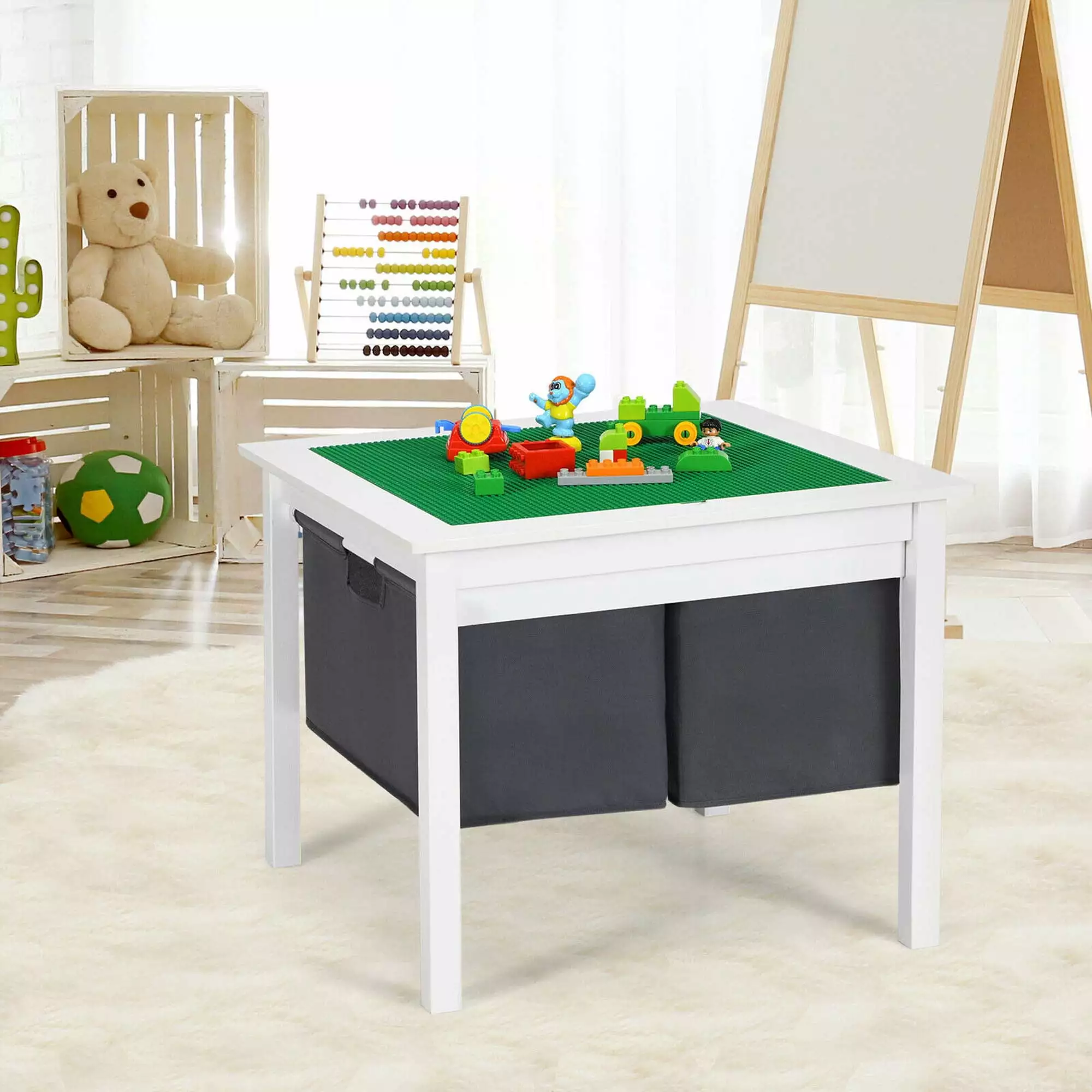 Gymax White 2--1 Kids Double-sided Activity Building Block Table Storage Drawers
