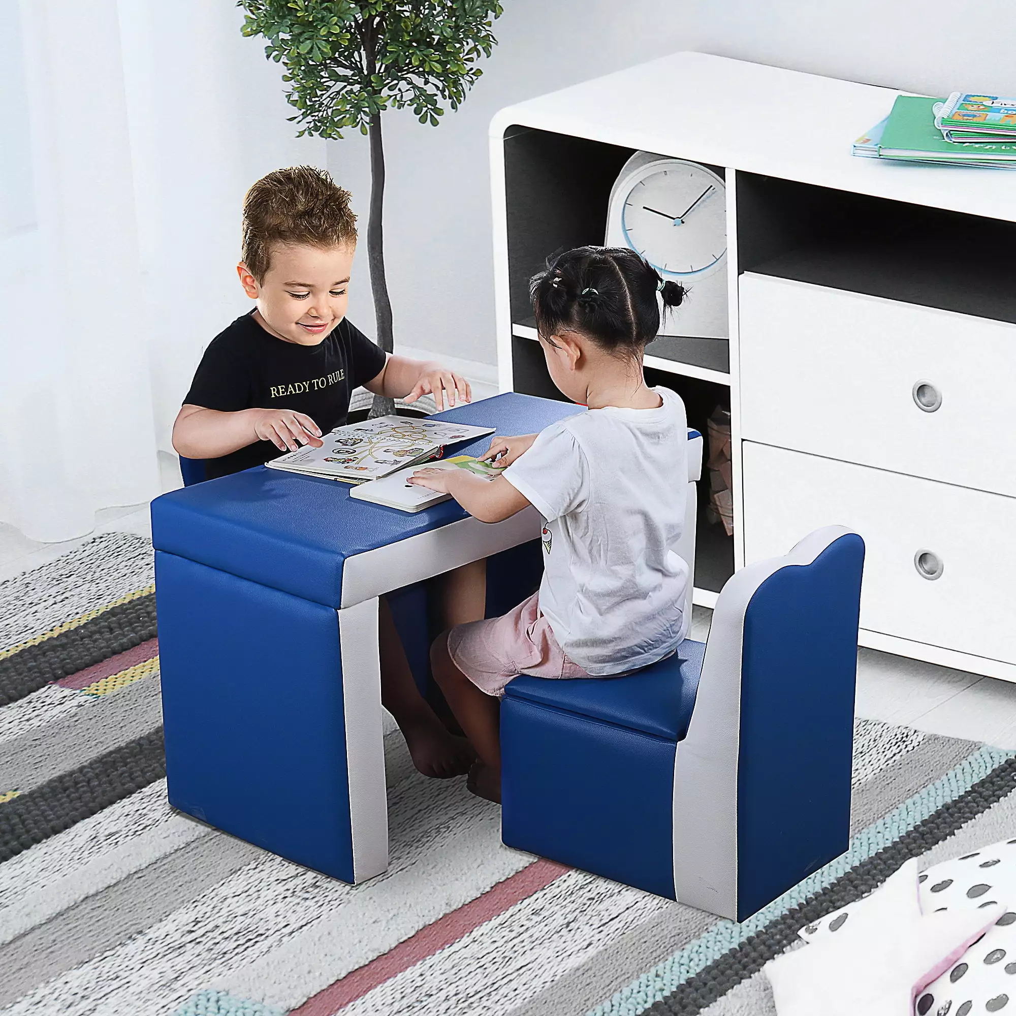 Qaba Kids Sofa Set 2--1 Multi-Practical Toddler Table Chair Set Storage Box Blue