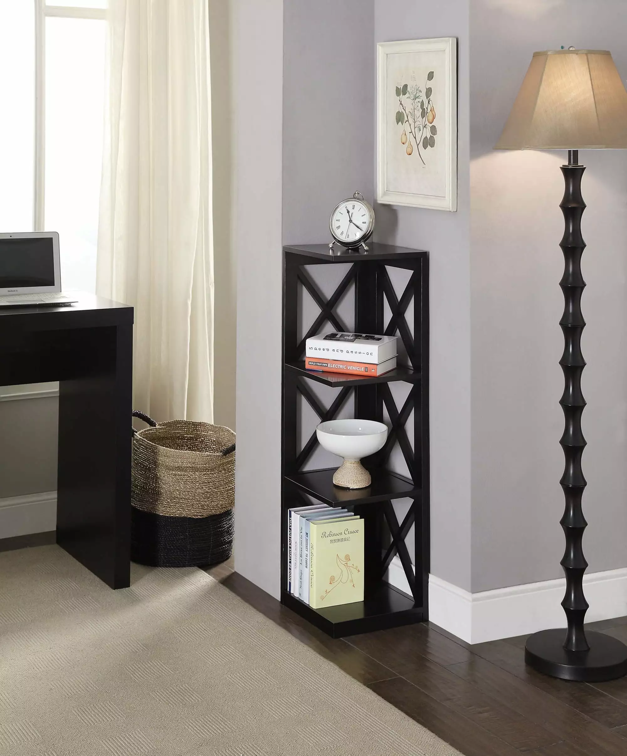 Convenience Concepts Oxford 3 Shelf Corner Bookcase Black Wood Finish