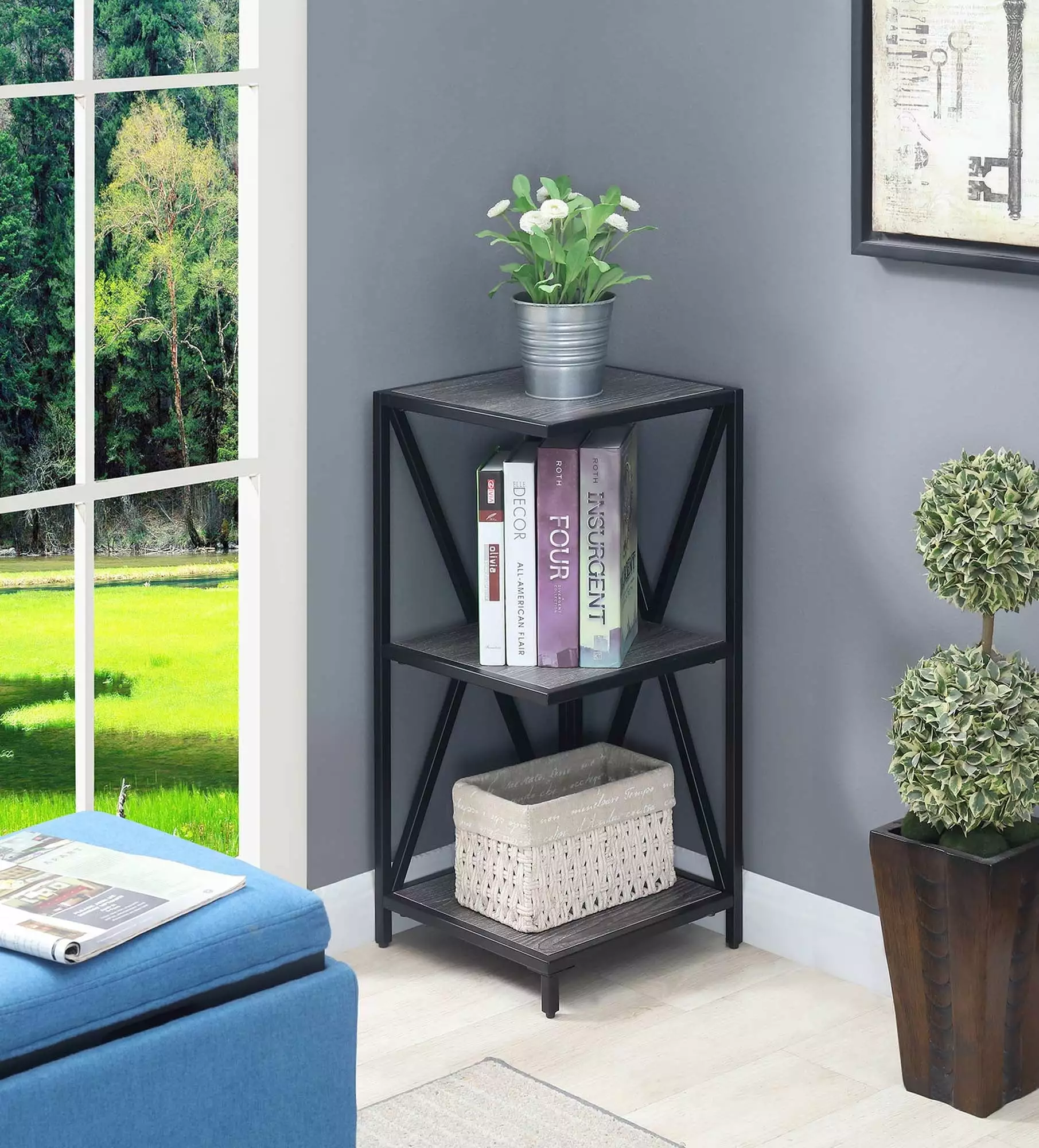 Convenience Concepts Tucson Black Metal Three-Tier Corner Bookcase Gray Wood