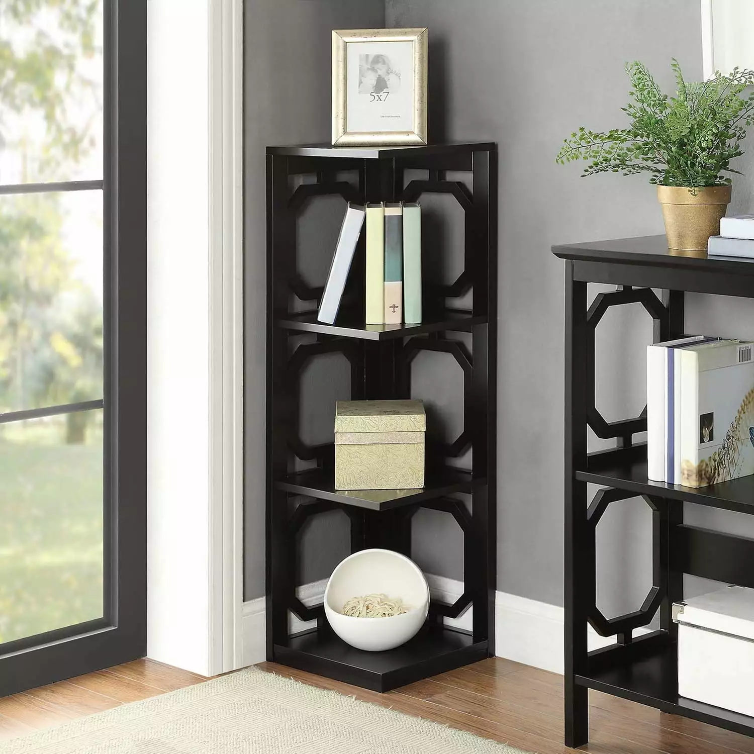 Omega 3 Tier Corner Bookcase Black Space Saving Bookshelf Home or Office Convenience Concepts