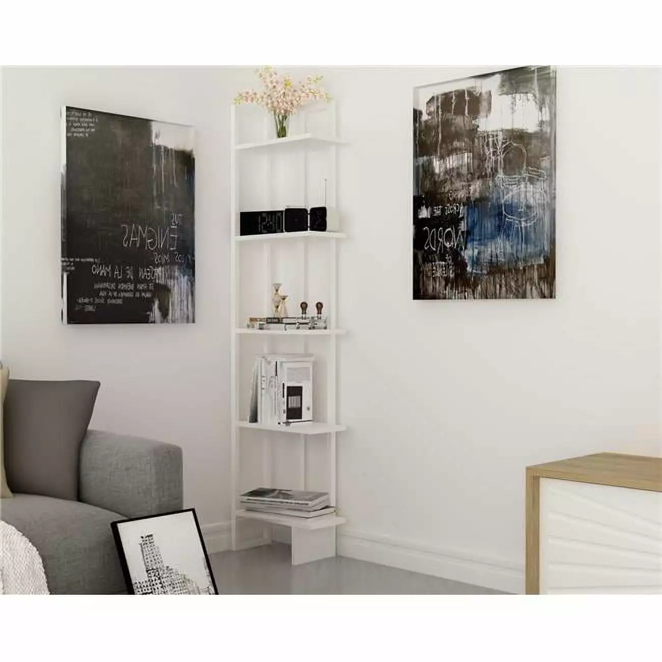 Alice 71 5 Shelf Corner Bookcase White, Space-Saving Bookshelf Home Office Decorotika